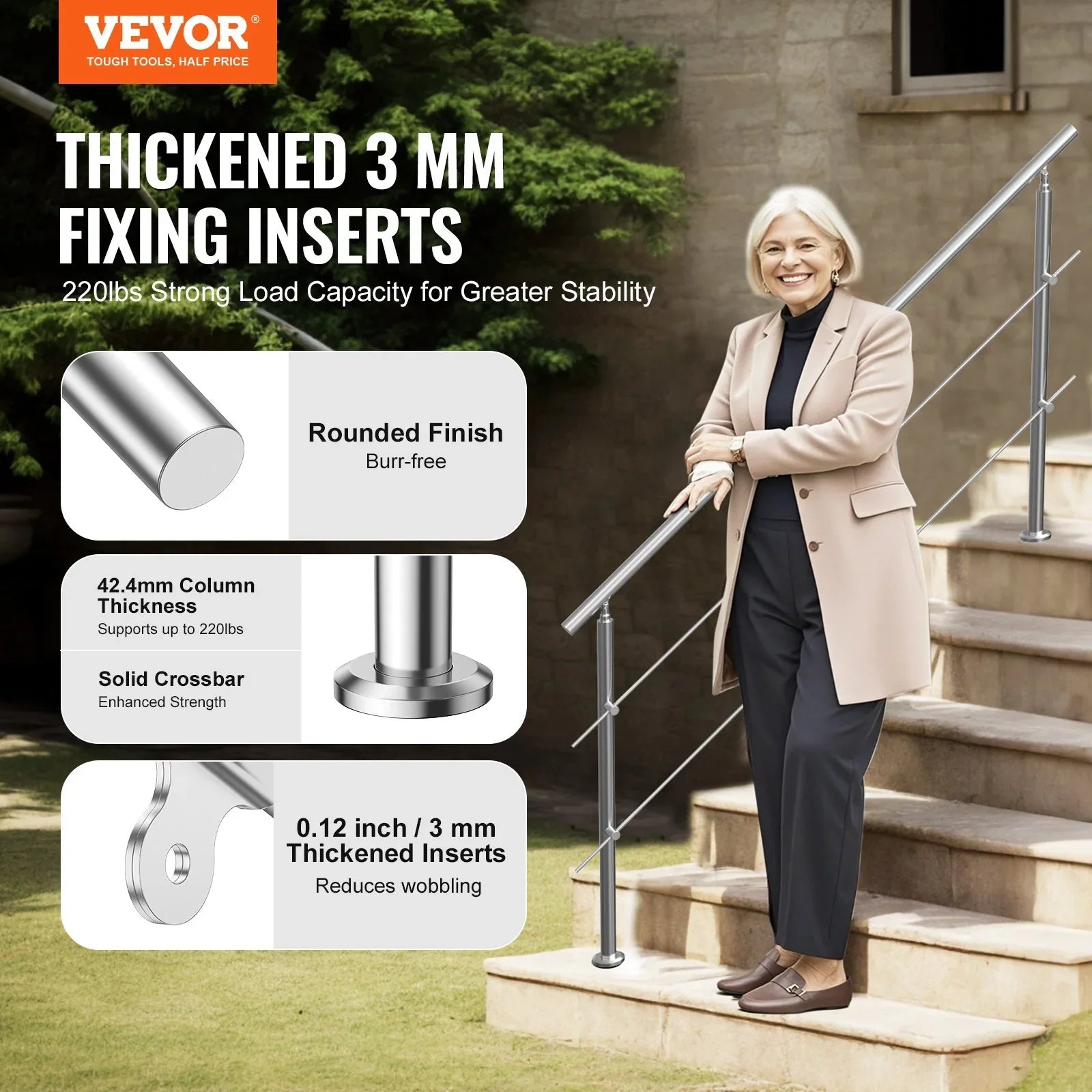 Handrails for Outdoor Steps, 70.9in Length 2 Crossbars Stair Hand Rail Kit, Transitional Stainless Steel Railings w/ Installation Kit, Double-column Staircase Handrails for Seniors,Porch & Deck