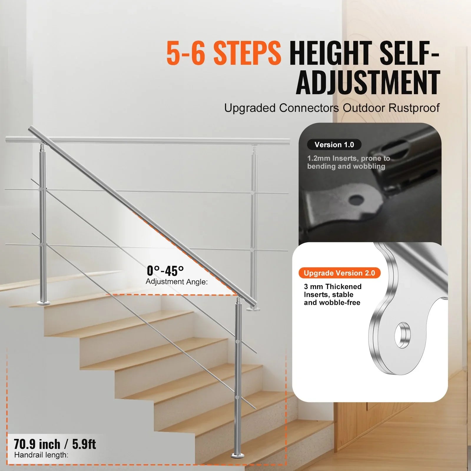 Handrails for Outdoor Steps, 70.9in Length 2 Crossbars Stair Hand Rail Kit, Transitional Stainless Steel Railings w/ Installation Kit, Double-column Staircase Handrails for Seniors,Porch & Deck