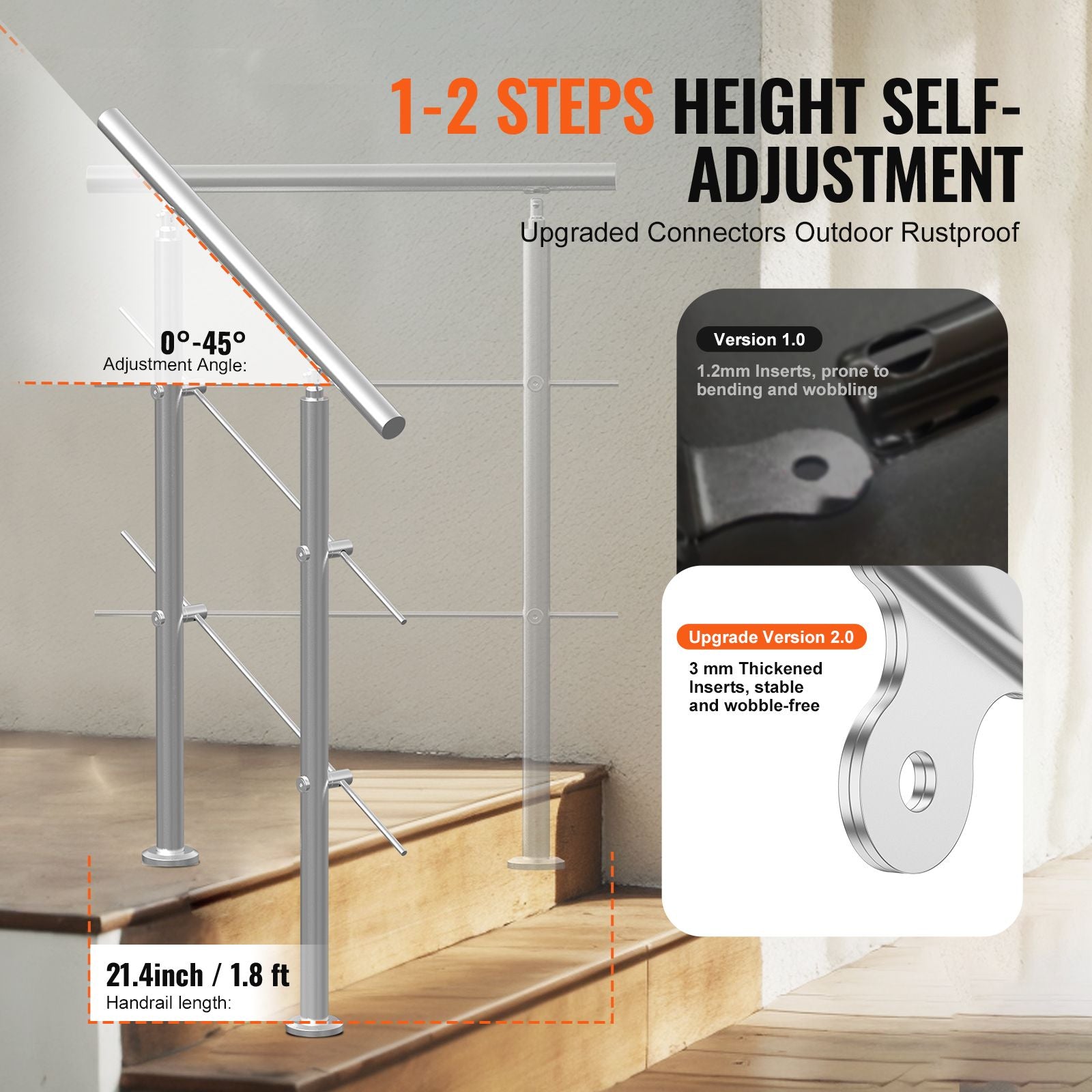 31.5in Stainless Steel Outdoor Stair Handrail 220lbs Capacity Safety Railing