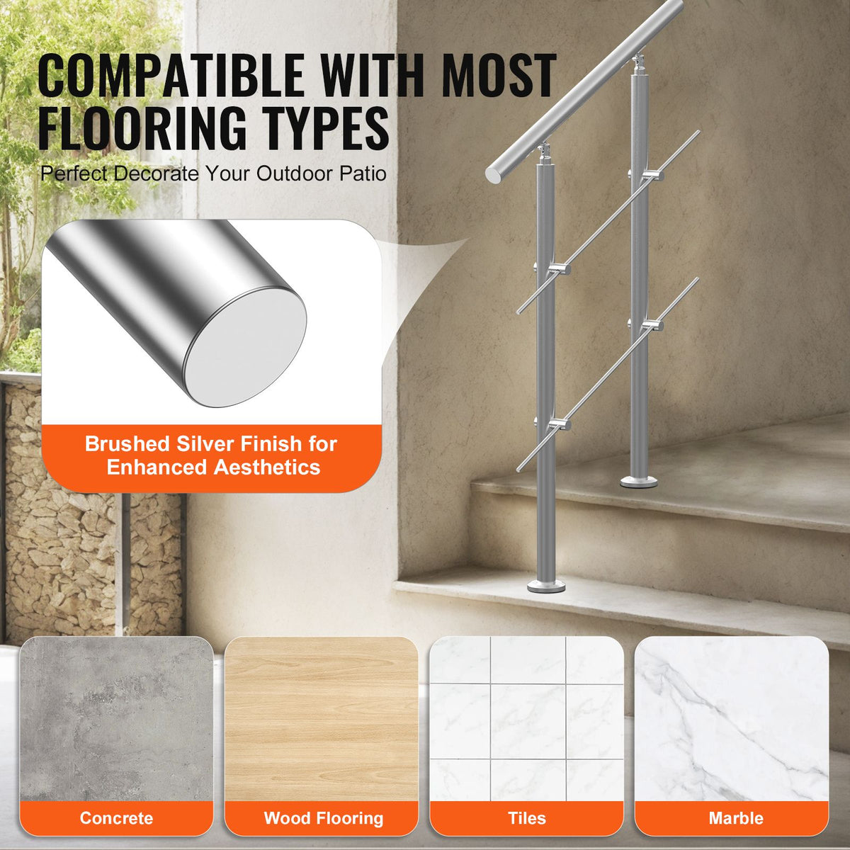 31.5in Stainless Steel Outdoor Stair Handrail 220lbs Capacity Safety Railing