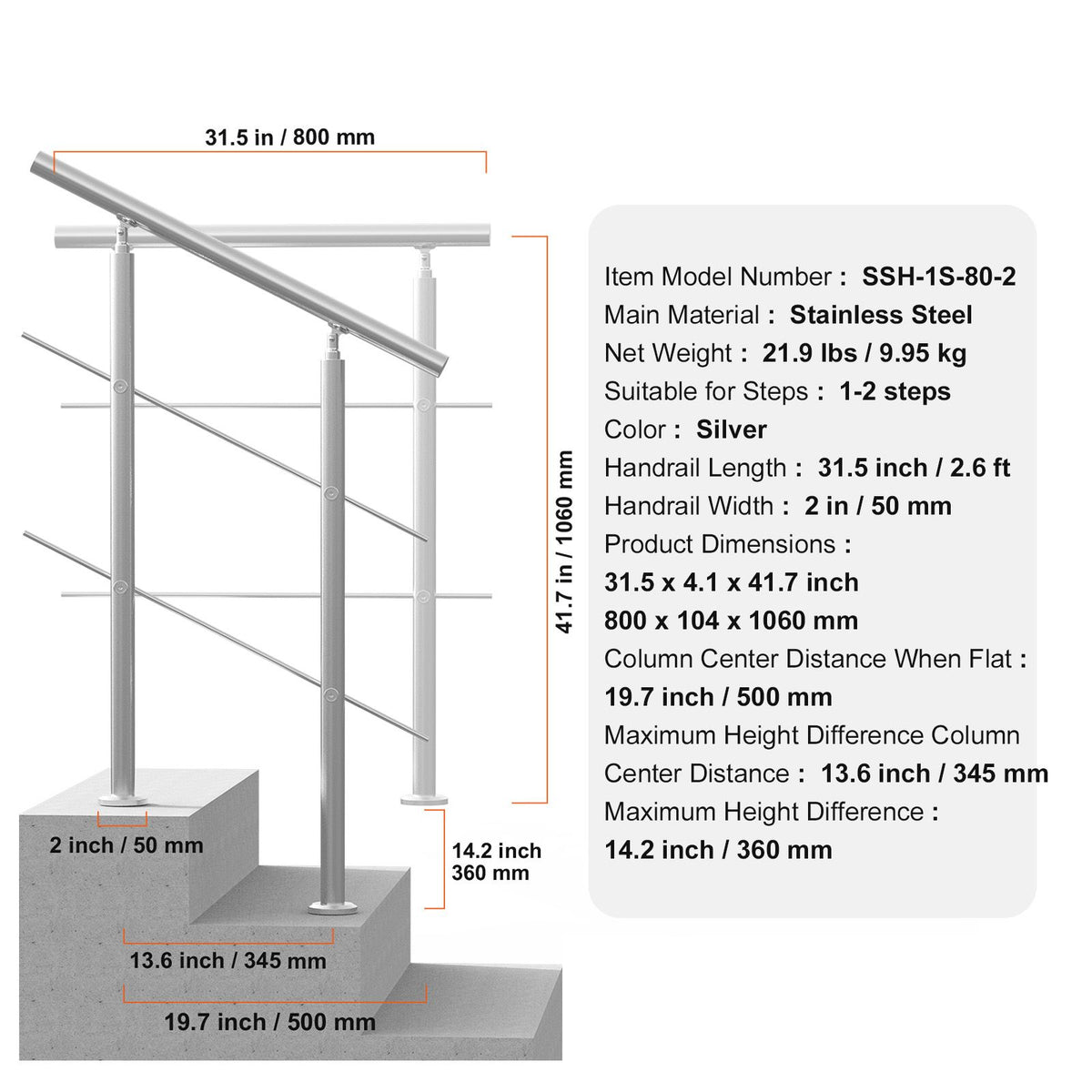 31.5in Stainless Steel Outdoor Stair Handrail 220lbs Capacity Safety Railing