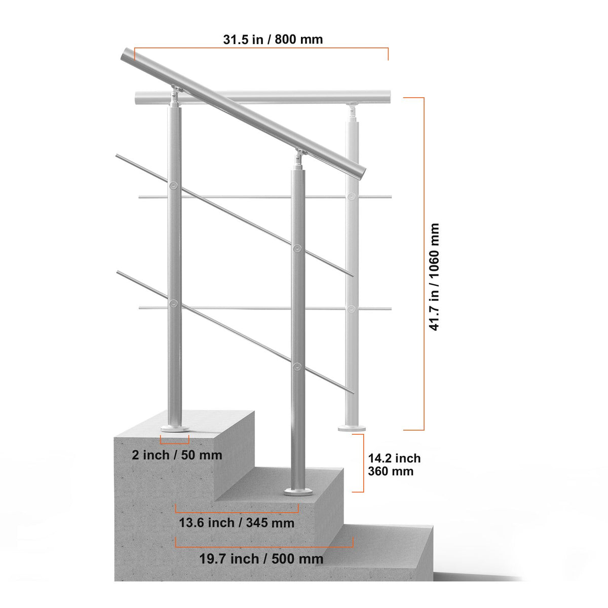 31.5in Stainless Steel Outdoor Stair Handrail 220lbs Capacity Safety Railing