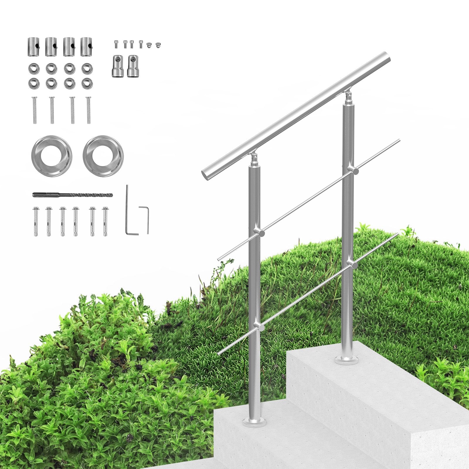 Handrails for Outdoor Steps, 31.5in Length 2 Crossbars Stair Hand Rail Kit, Transitional Stainless Steel Railings w/ Installation Kit, Double-column Staircase Handrails for Seniors,Porch & Deck