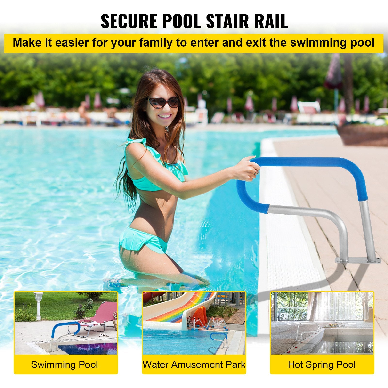 Pool Rail 30x22 Pool Railing 304 Stainless Steel 250LBS Load Capacity Silver Rustproof Pool Handrail Humanized Swimming Pool Handrail with Blue Grip Cover & M8 Drill Bit & Self-Taping Screws