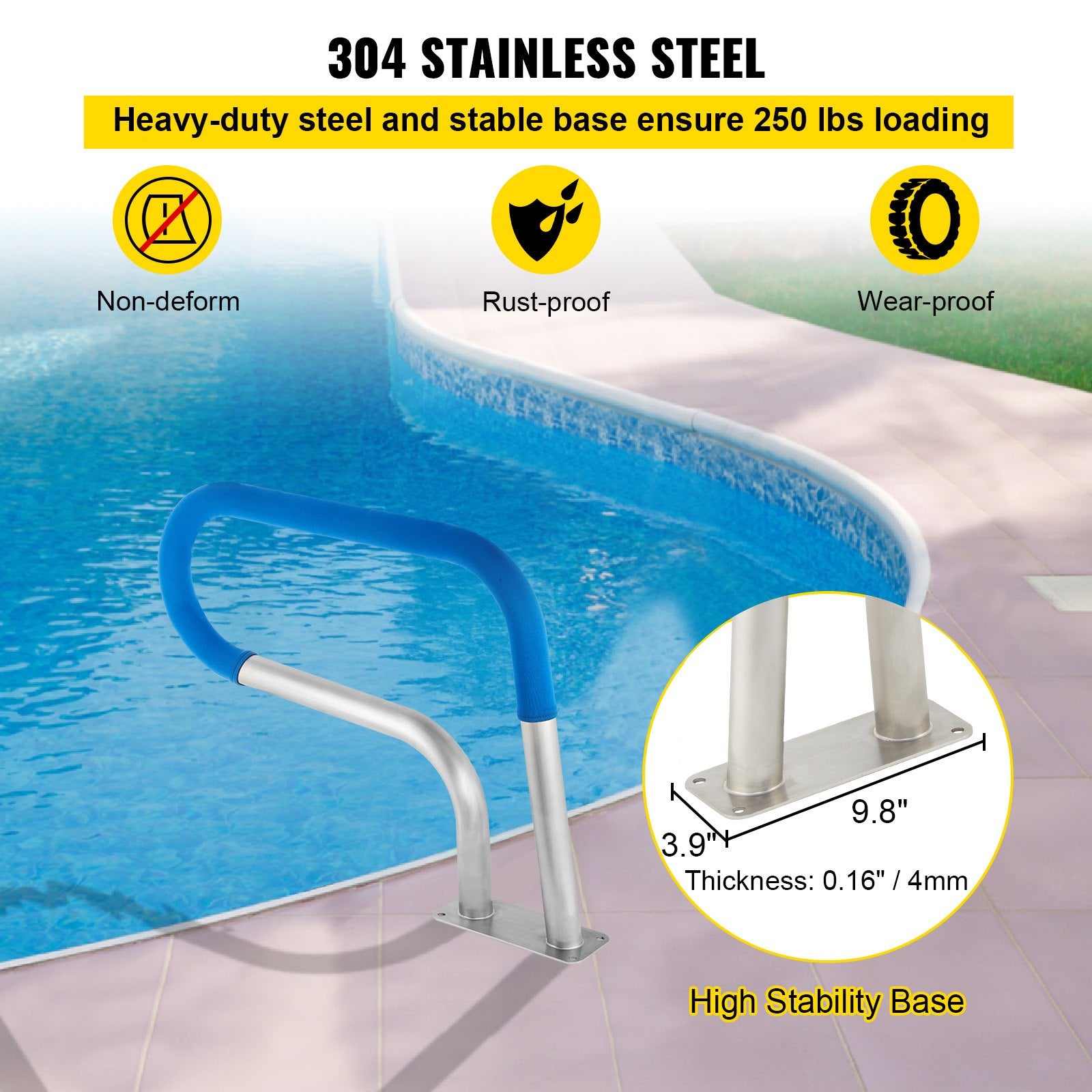 Pool Rail 30x22 Pool Railing 304 Stainless Steel 250LBS Load Capacity Silver Rustproof Pool Handrail Humanized Swimming Pool Handrail with Blue Grip Cover & M8 Drill Bit & Self-Taping Screws