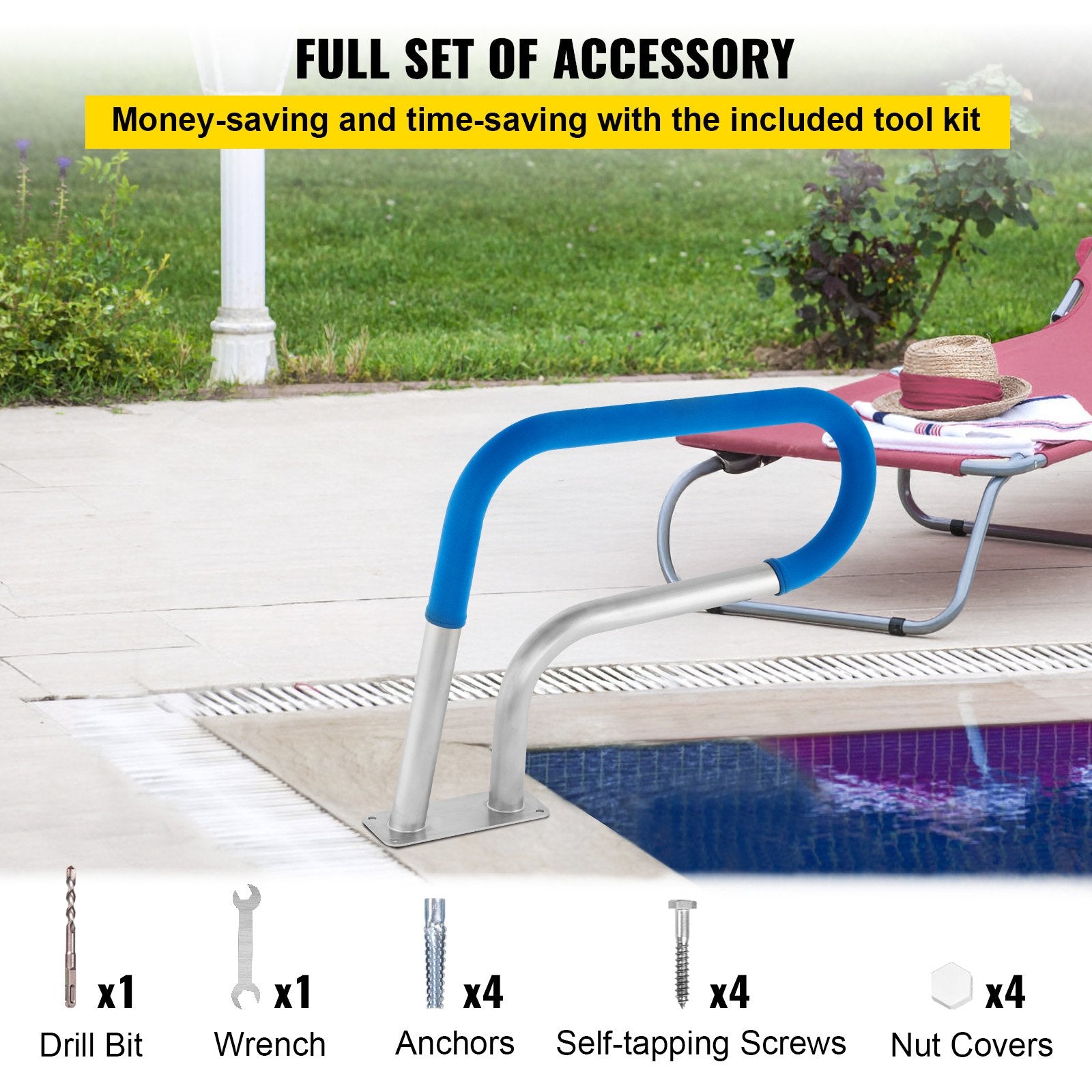 Pool Rail 30x22 Pool Railing 304 Stainless Steel 250LBS Load Capacity Silver Rustproof Pool Handrail Humanized Swimming Pool Handrail with Blue Grip Cover & M8 Drill Bit & Self-Taping Screws