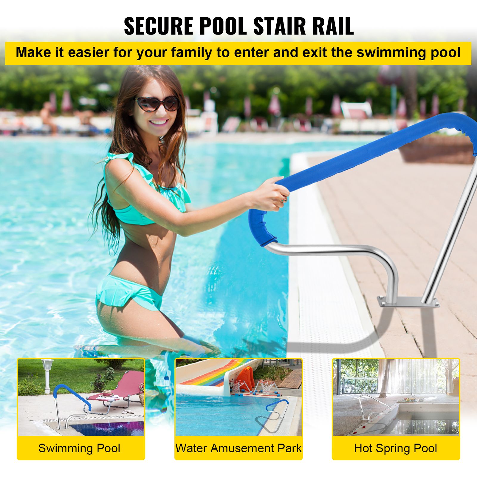 Pool Rail 39x32 Pool Railing 304 Stainless Steel 250LBS Load Capacity Silver Rustproof Pool Handrail Humanized Swimming Pool Handrail with Blue Grip Cover & M8 Drill Bit & Self-Taping Screws
