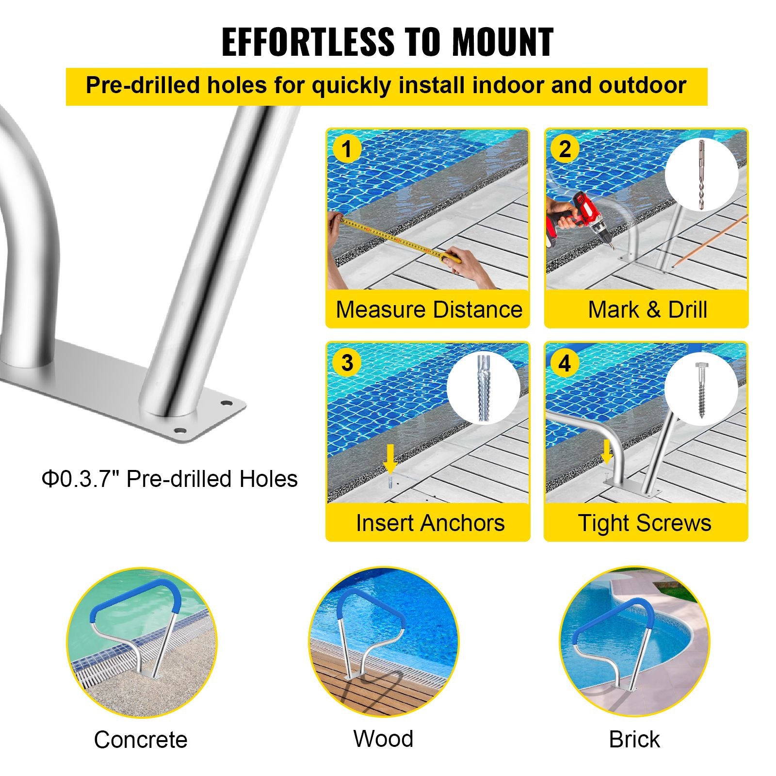 Pool Rail 39x32 Pool Railing 304 Stainless Steel 250LBS Load Capacity Silver Rustproof Pool Handrail Humanized Swimming Pool Handrail with Blue Grip Cover & M8 Drill Bit & Self-Taping Screws