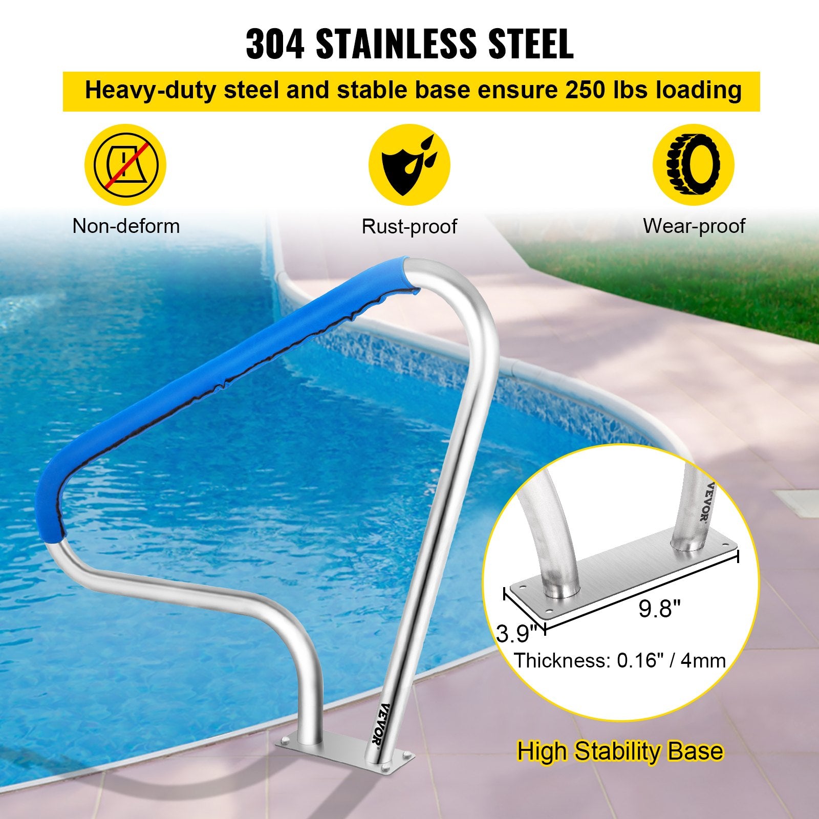 Pool Rail 48x36 Pool Railing 304 Stainless Steel 250LBS Load Capacity Silver Rustproof Pool Handrail Humanized Swimming Pool Handrail with Blue Grip Cover & M8 Drill Bit & Self-Taping Screws