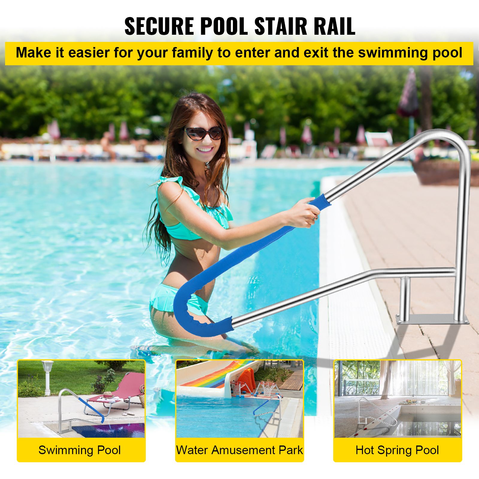 Pool Rail 55x32 Pool Railing 304 Stainless Steel 250LBS Load Capacity Silver Rustproof Pool Handrail Humanized Swimming Pool Handrail with Blue Grip Cover & M8 Drill Bit & Self-Taping Screws