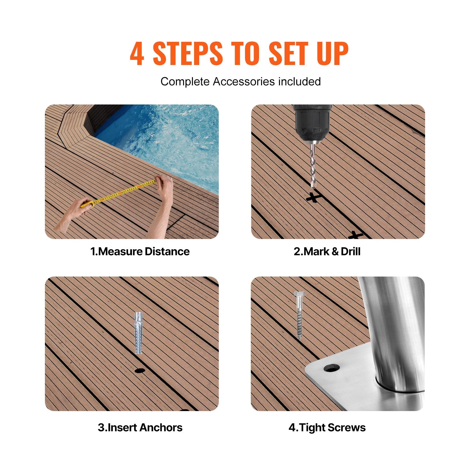 Pool Handrail 2 PCS 30x30in Stainless Steel with Base Plate for Spas