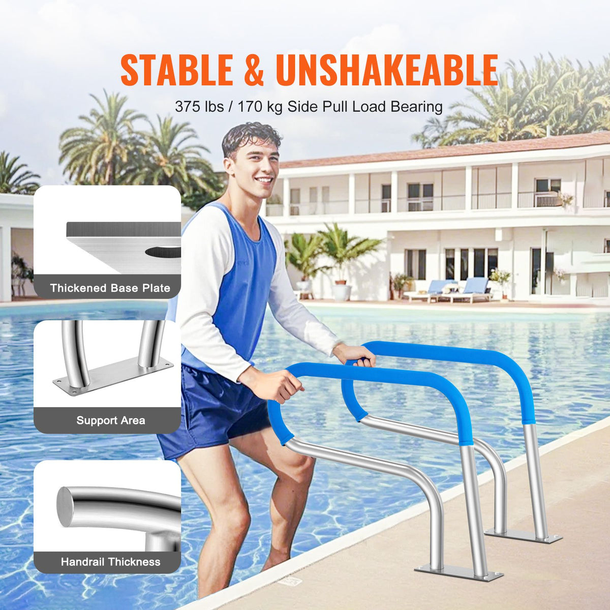 32x23in Stainless Steel Pool Handrail 220lbs Capacity Swimming Pool Safety Rail