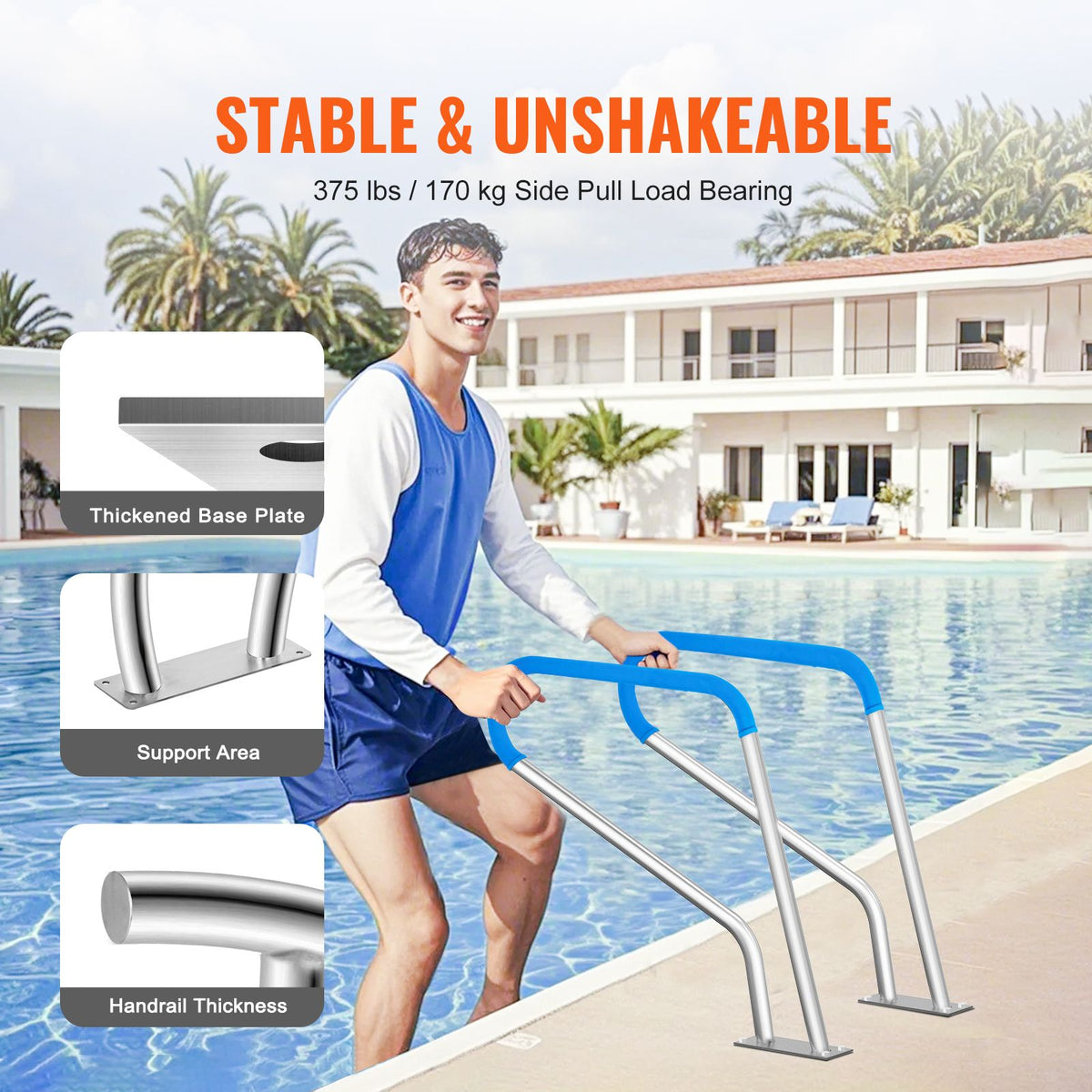 Pool Handrail 39 x 32 Inch Stainless Steel with Base Plate for Spas and Pools