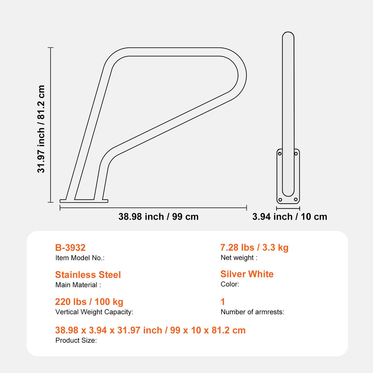 Pool Handrail 39 x 32 Inch Stainless Steel with Base Plate for Spas and Pools