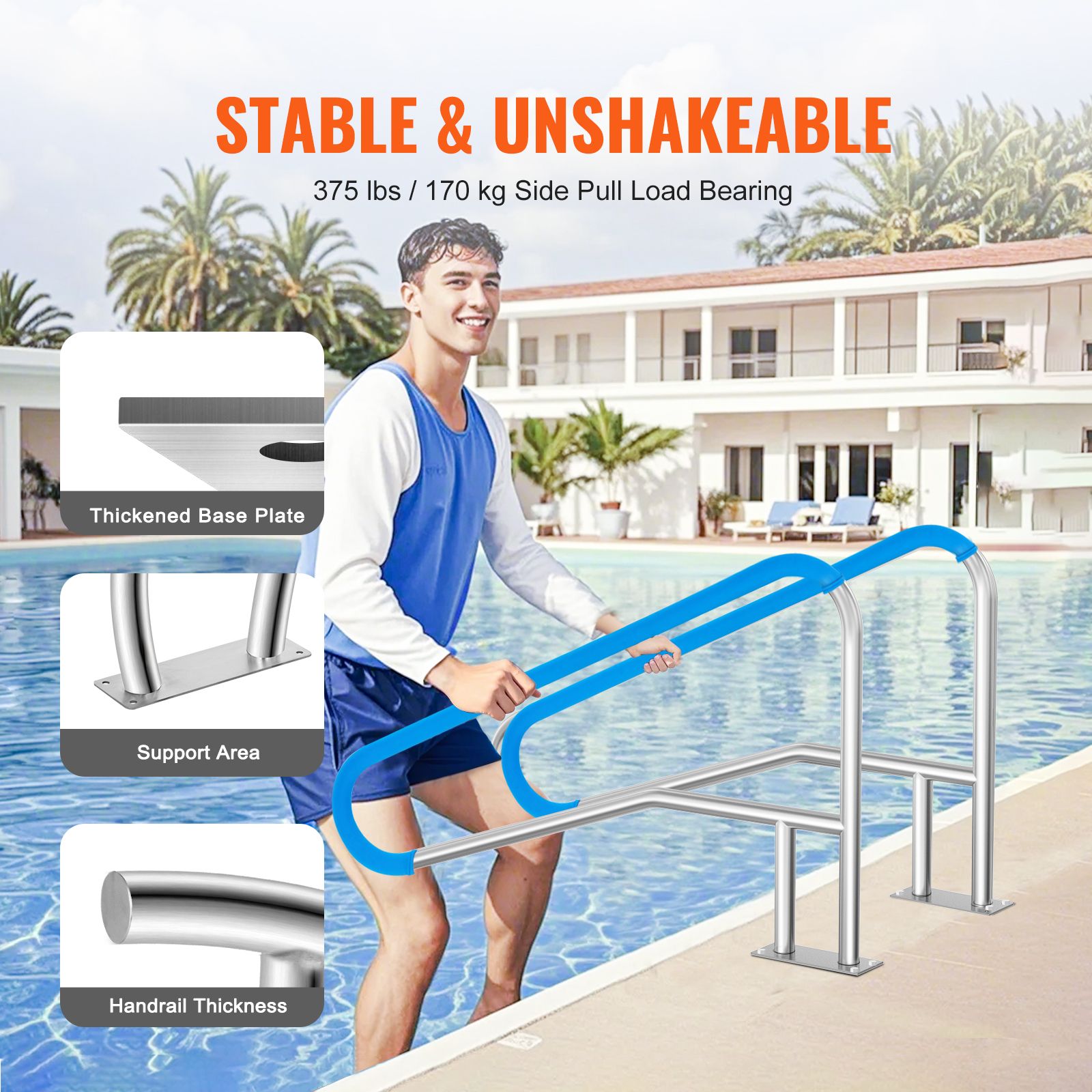 Pool Handrail 55 x 32 inch Stainless Steel with Base Plate for Spas