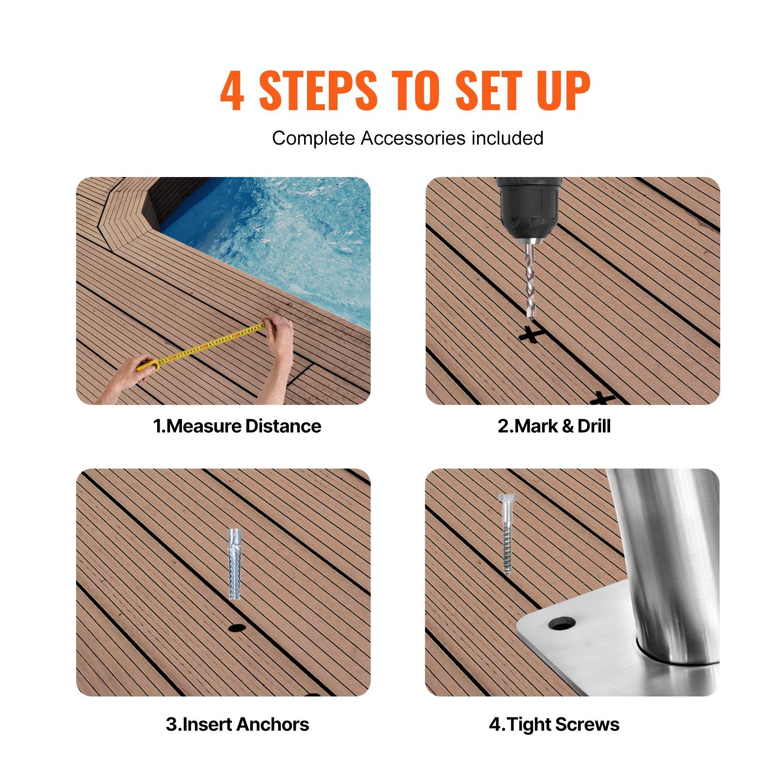 Pool Handrail 2 PCS 55 x 32 inch Stainless Steel with Base Plate for Spas