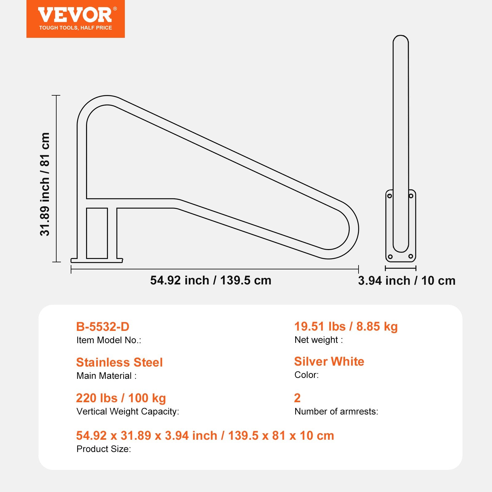 Pool Handrail 2 PCS 55 x 32 inch Stainless Steel with Base Plate for Spas