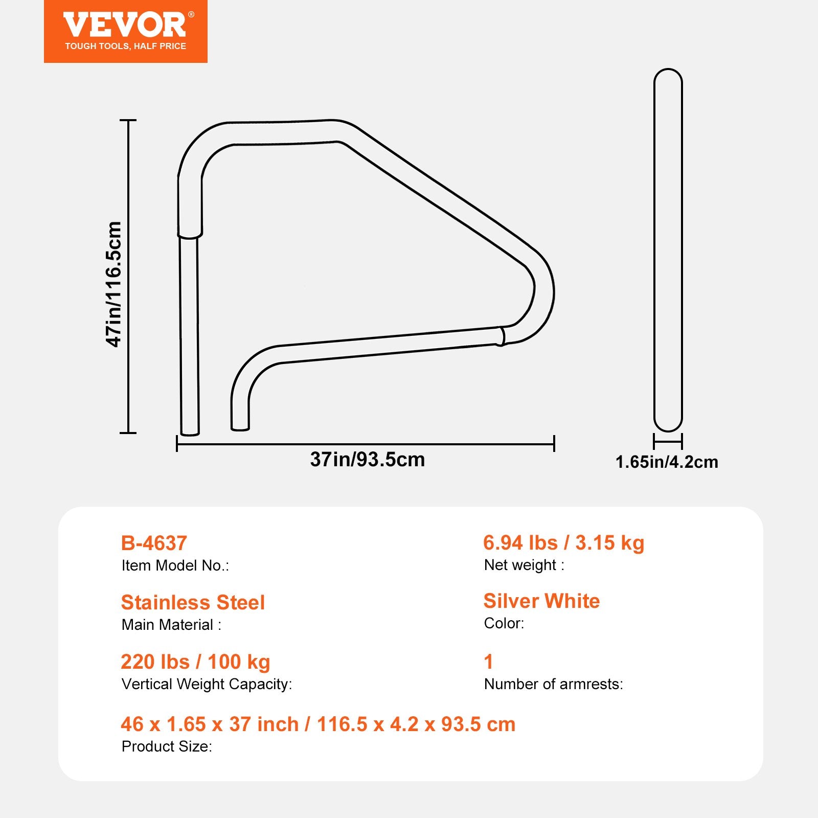 Pool Handrail 46 x 37 inch Stainless Steel (Pre-built) for Indoor/Outdoor