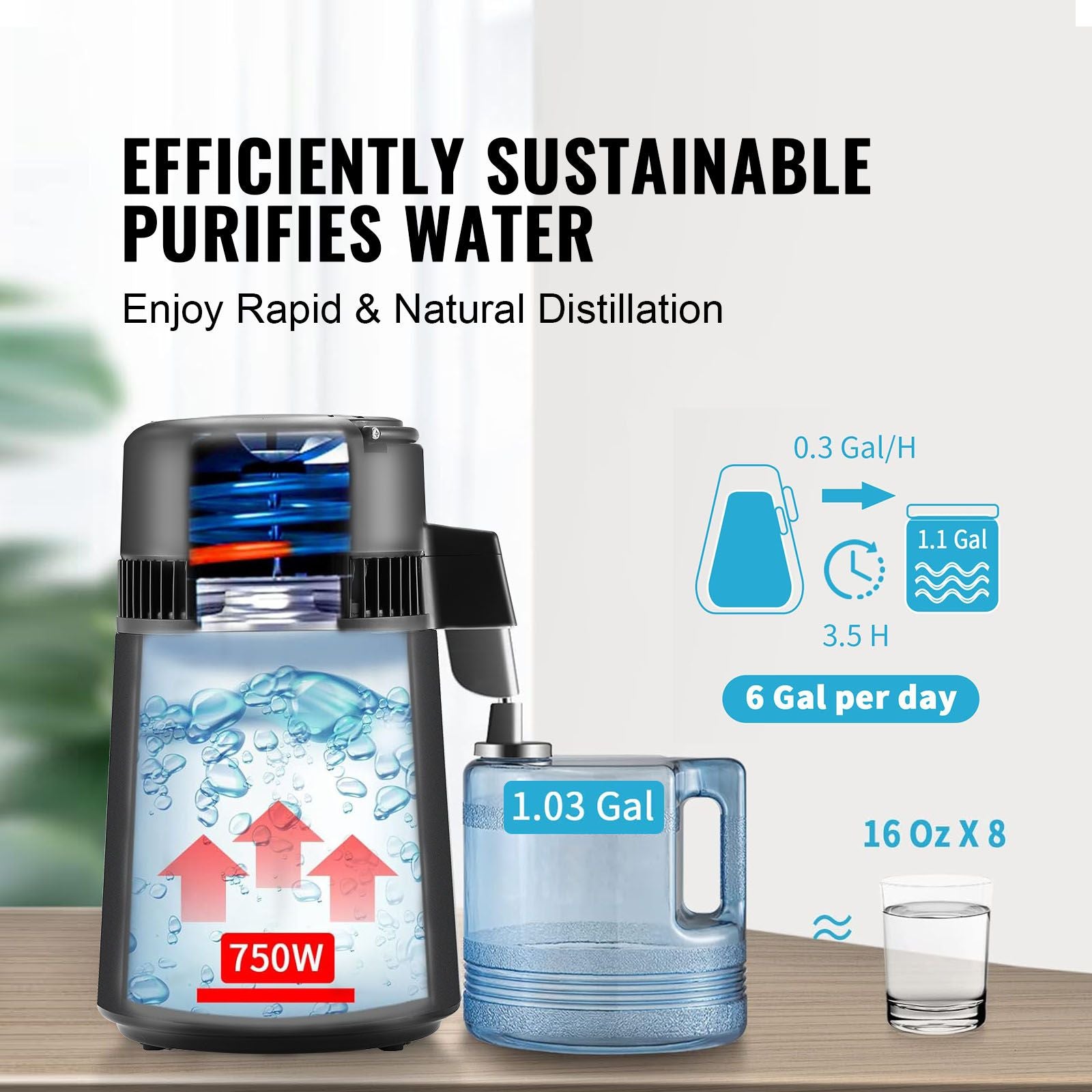 Water Distiller, 4L 1.05 Gallon Pure Water Purifier Filter For Home Countertop, 750W Distilled Water Maker, Stainless Steel Interior Distiller Water Making Machine to Make Clean Water, Black