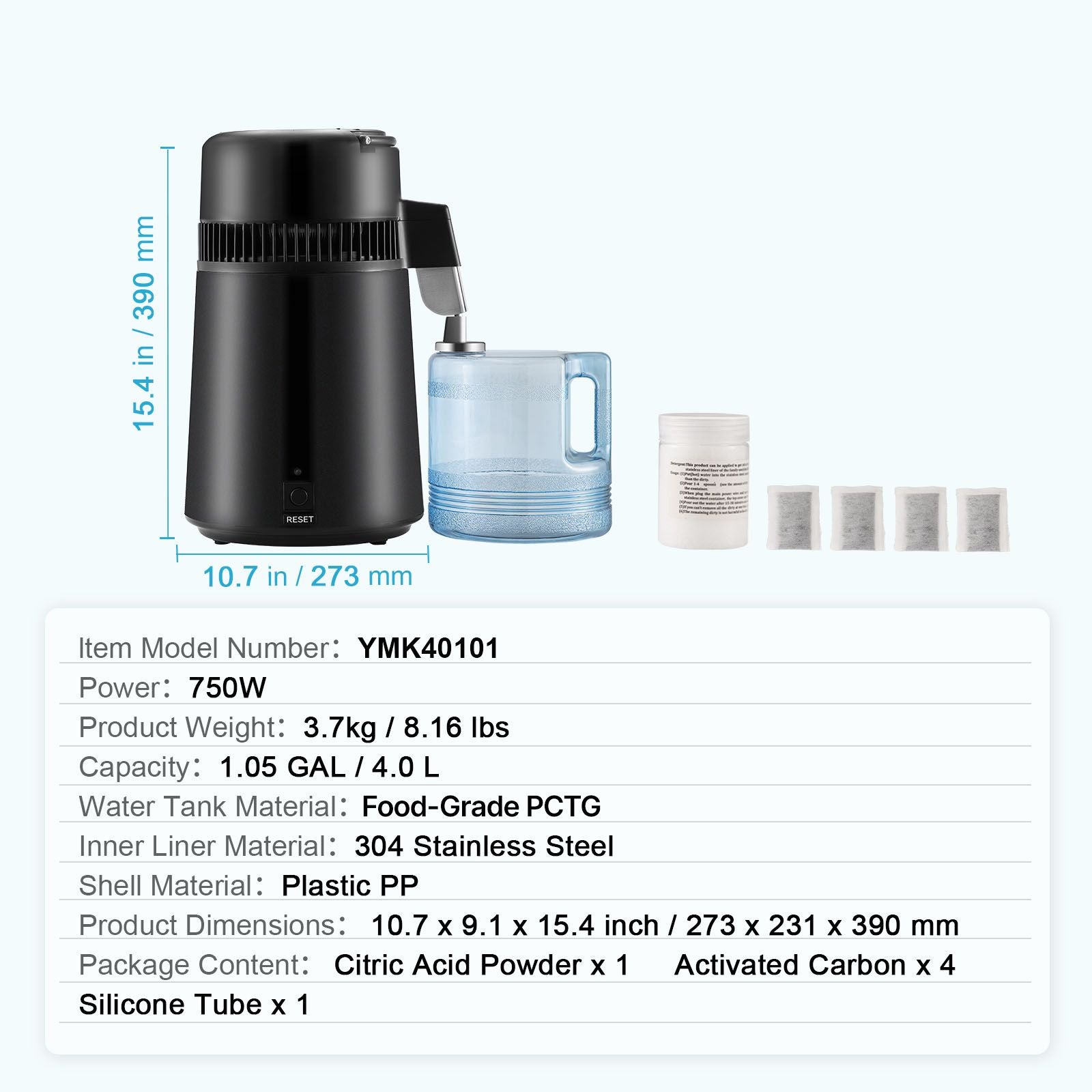 Water Distiller, 4L 1.05 Gallon Pure Water Purifier Filter For Home Countertop, 750W Distilled Water Maker, Stainless Steel Interior Distiller Water Making Machine to Make Clean Water, Black
