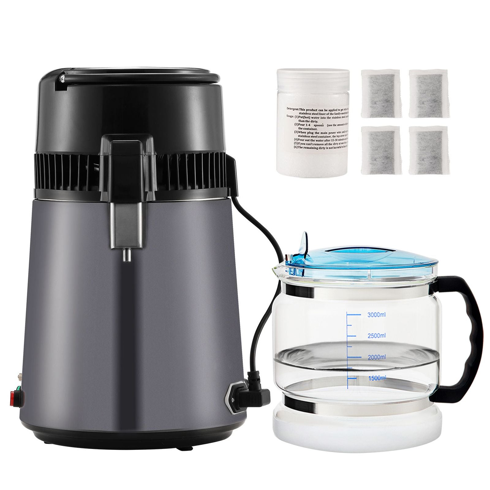 Water Distiller, 4L 1.05 Gallon Pure Water Purifier Filter For Home Countertop, 750W Distilled Water Maker, Stainless Steel Interior Distiller Water Making Machine to Make Clean Water, Gray