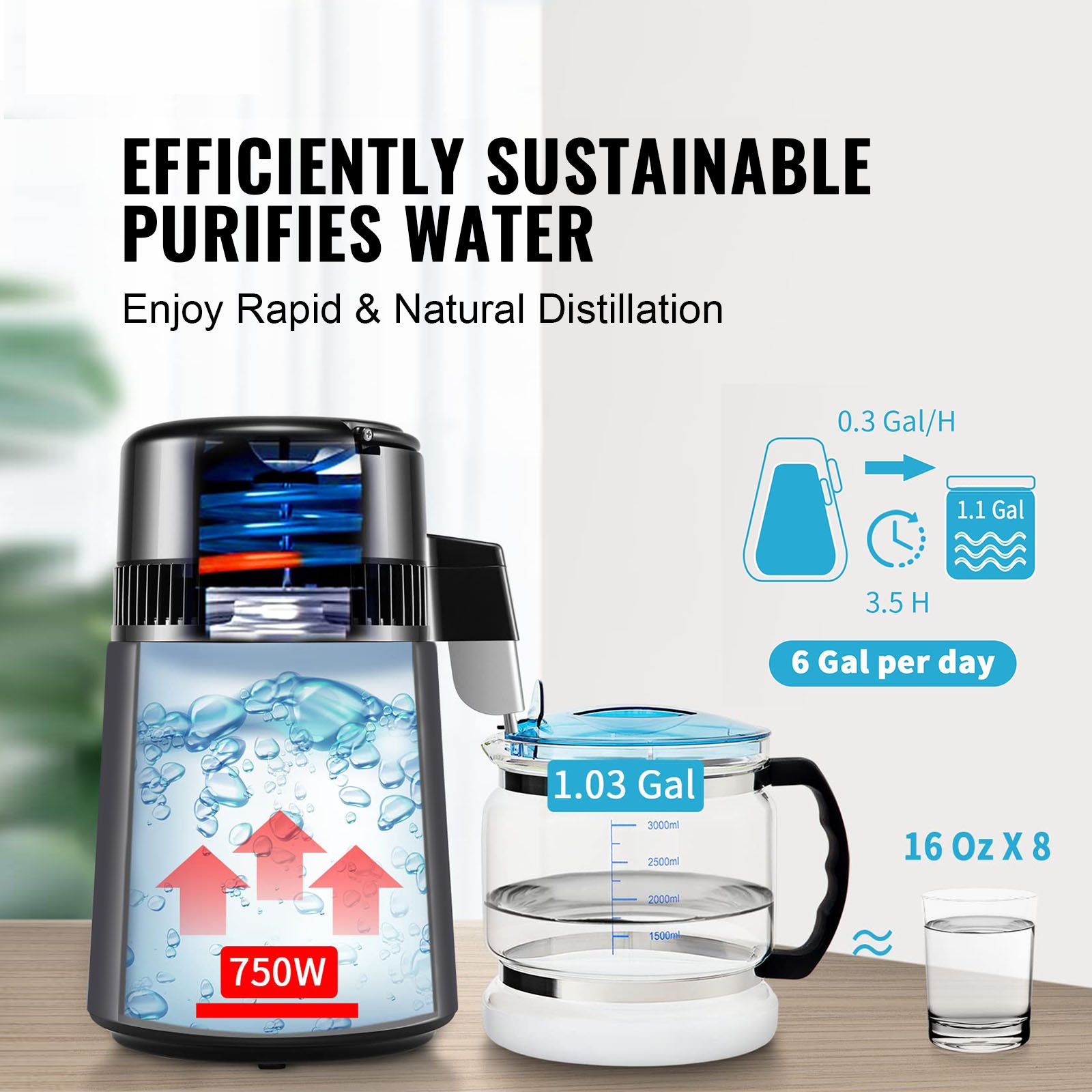 Water Distiller, 4L 1.05 Gallon Pure Water Purifier Filter For Home Countertop, 750W Distilled Water Maker, Stainless Steel Interior Distiller Water Making Machine to Make Clean Water, Gray
