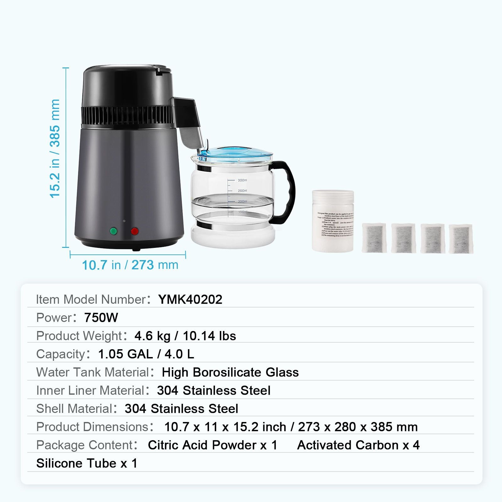 Water Distiller, 4L 1.05 Gallon Pure Water Purifier Filter For Home Countertop, 750W Distilled Water Maker, Stainless Steel Interior Distiller Water Making Machine to Make Clean Water, Gray