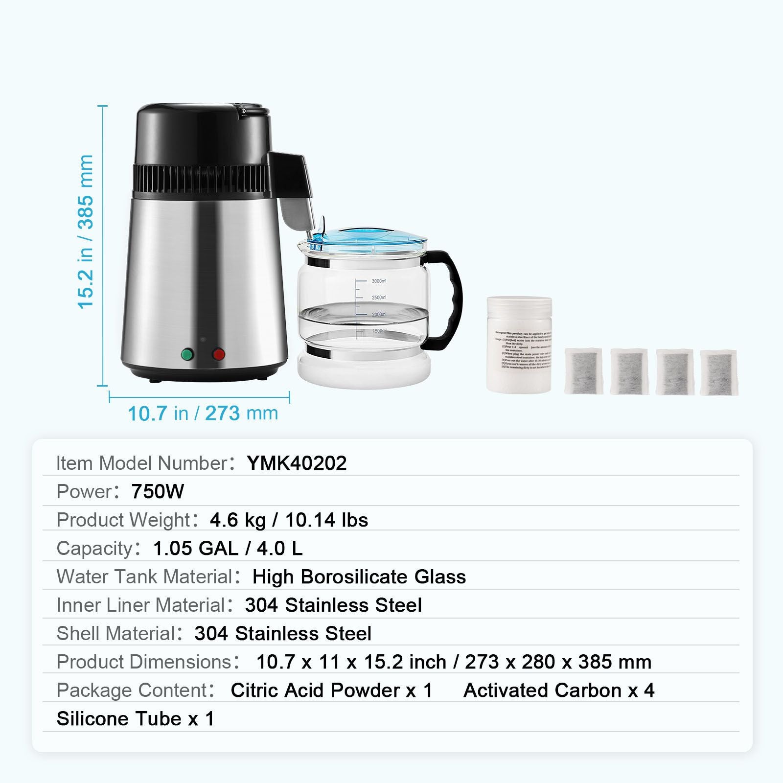 Water Distiller, 4L 1.05 Gallon Pure Water Purifier Filter For Home Countertop, 750W Distilled Water Maker, Stainless Steel Interior Distiller Water Making Machine to Make Clean Water, Silvery
