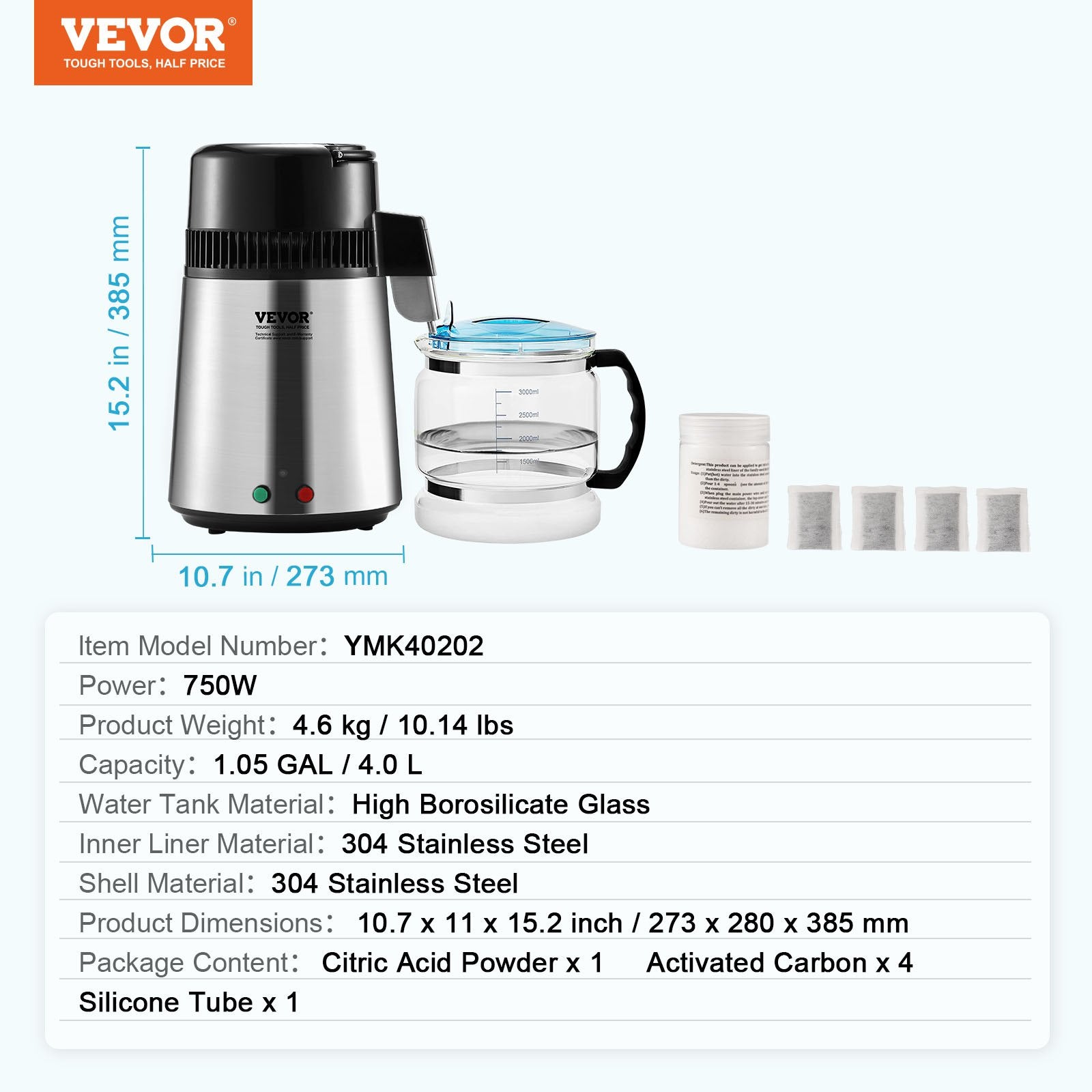 Water Distiller, 4L 1.05 Gallon Pure Water Purifier Filter For Home Countertop, 750W Distilled Water Maker, Stainless Steel Interior Distiller Water Making Machine to Make Clean Water, Silvery