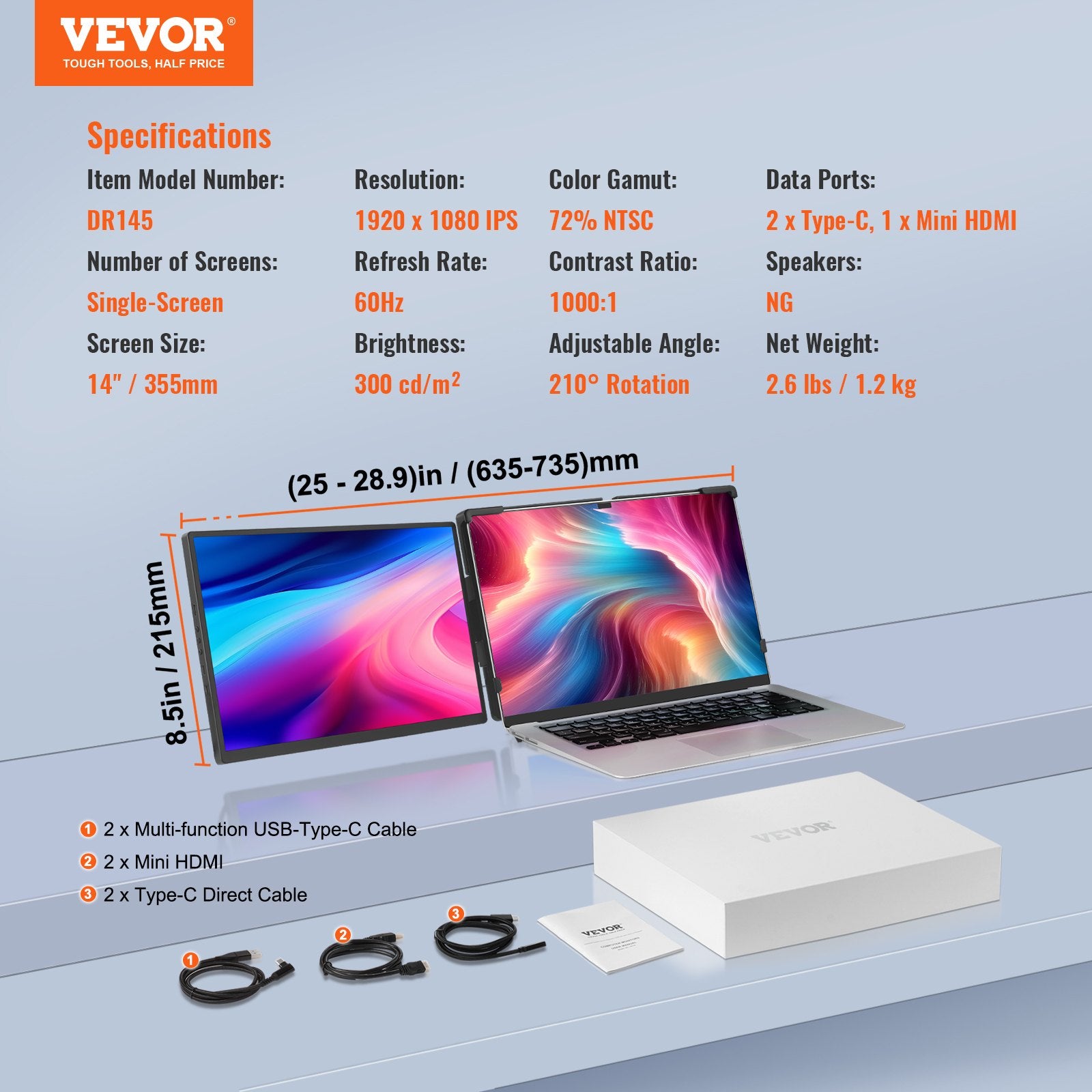 VEVOR Laptop Screen Extender 14in HD 1080P Portable Monitor for 13