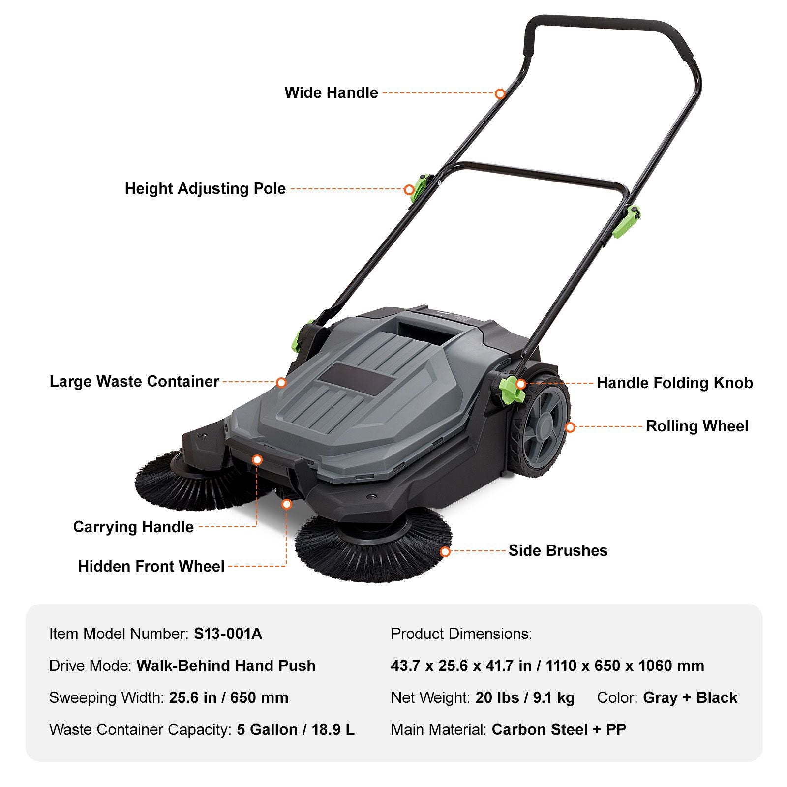 Walk-behind Hand Push Floor Sweeper 25.6