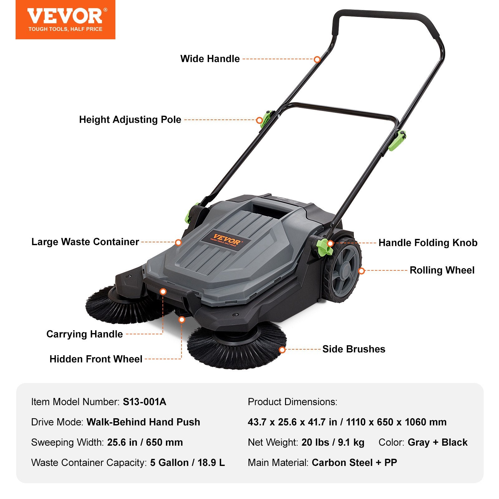 Walk-behind Hand Push Floor Sweeper 25.6