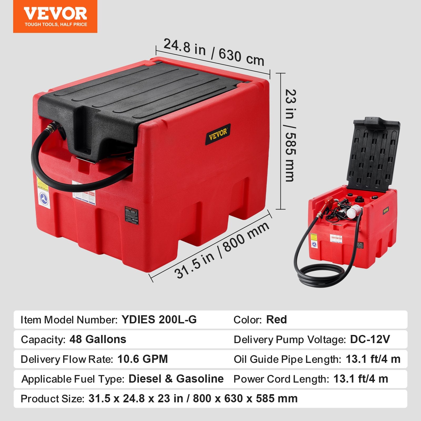 Portable Diesel & Gasoline Tank, 182L, 10.6 GPM Flow Rate, Diesel Fuel Tank with Electric Transfer Pump, 4 m Hose, Auto Fueling Nozzle, Diesel Transfer Tank for Easy Fuel Transportation, Red