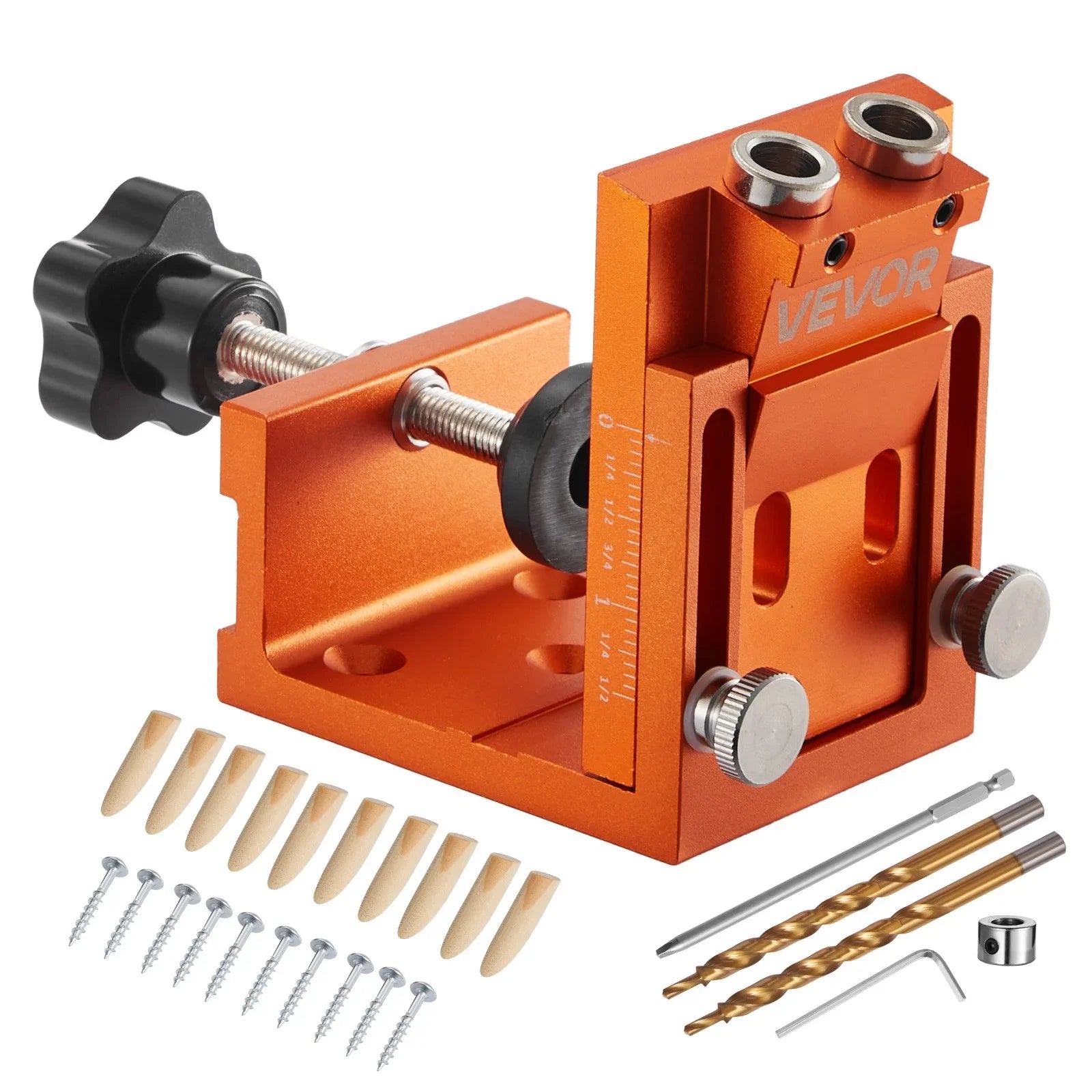 Pocket Hole Jig Kit, 12 mm to 48 mm Adjustable, Jig Pocket Hole System with Step Drill, Hex Wrench, Drill Stop Ring, Square Drive Bit, Plugs and Screws, Reinforced Metal Frame, for Woodworking