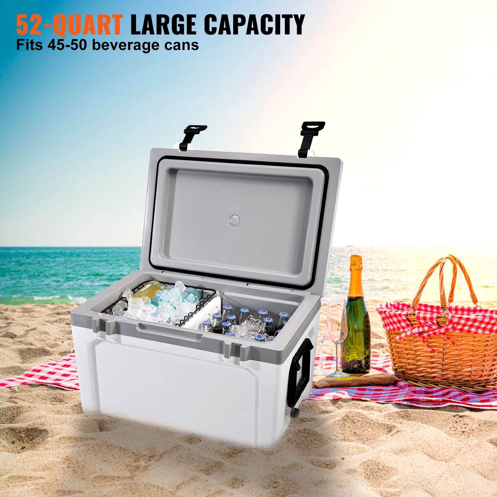 Insulated Portable Cooler, 49 L, Holds 50 Cans, Ice Retention Hard Cooler with Heavy Duty Handle, Ice Chest Lunch Box for Camping, Beach, Picnic, Travel, Outdoor, Keeps Ice for up to 6 Days