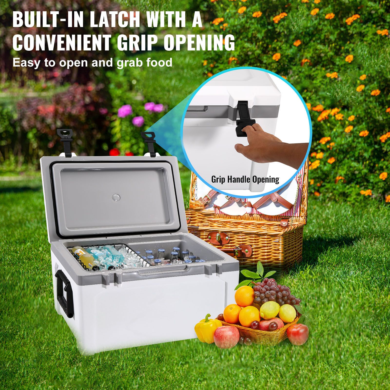 Insulated Portable Cooler, 49 L, Holds 50 Cans, Ice Retention Hard Cooler with Heavy Duty Handle, Ice Chest Lunch Box for Camping, Beach, Picnic, Travel, Outdoor, Keeps Ice for up to 6 Days