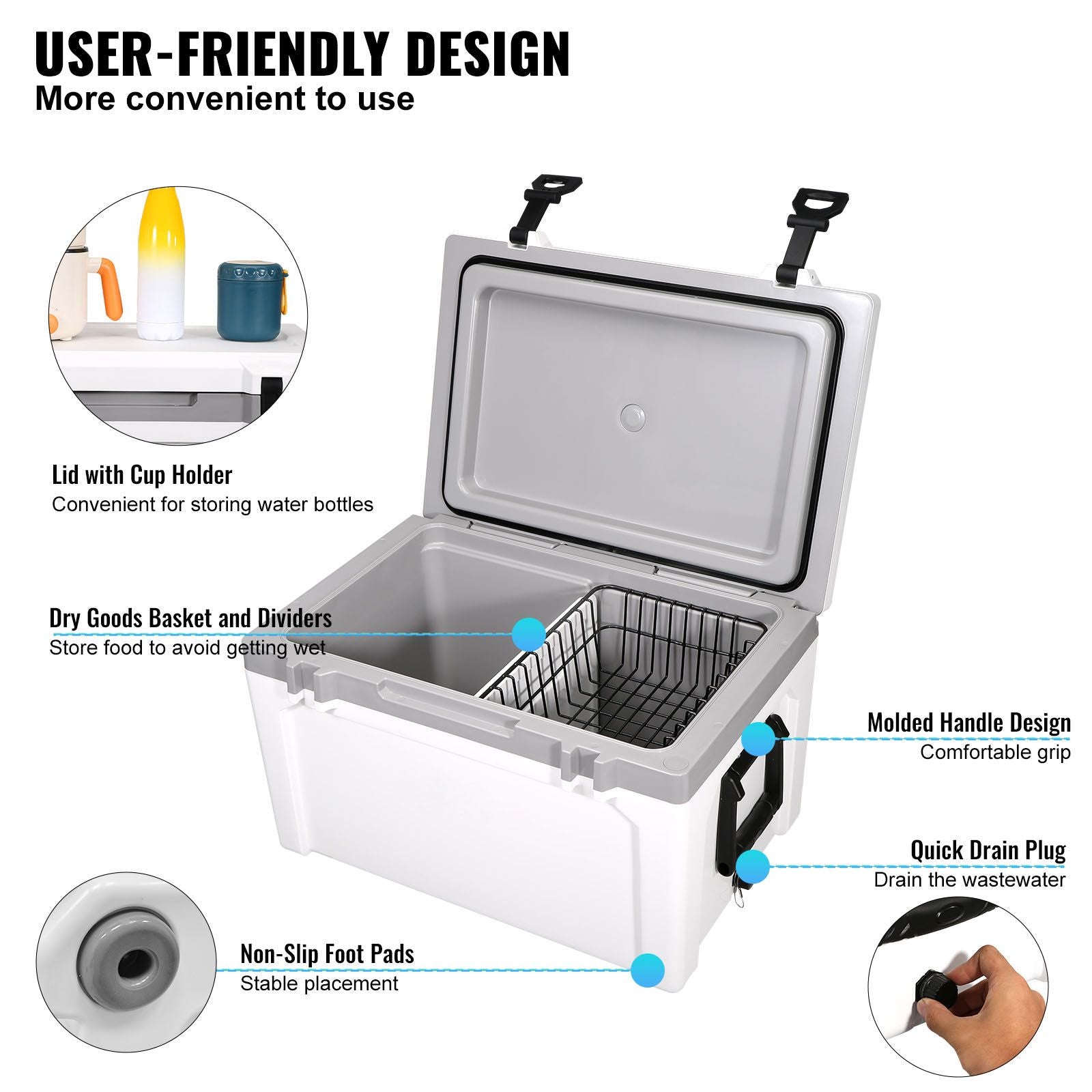 Insulated Portable Cooler, 49 L, Holds 50 Cans, Ice Retention Hard Cooler with Heavy Duty Handle, Ice Chest Lunch Box for Camping, Beach, Picnic, Travel, Outdoor, Keeps Ice for up to 6 Days