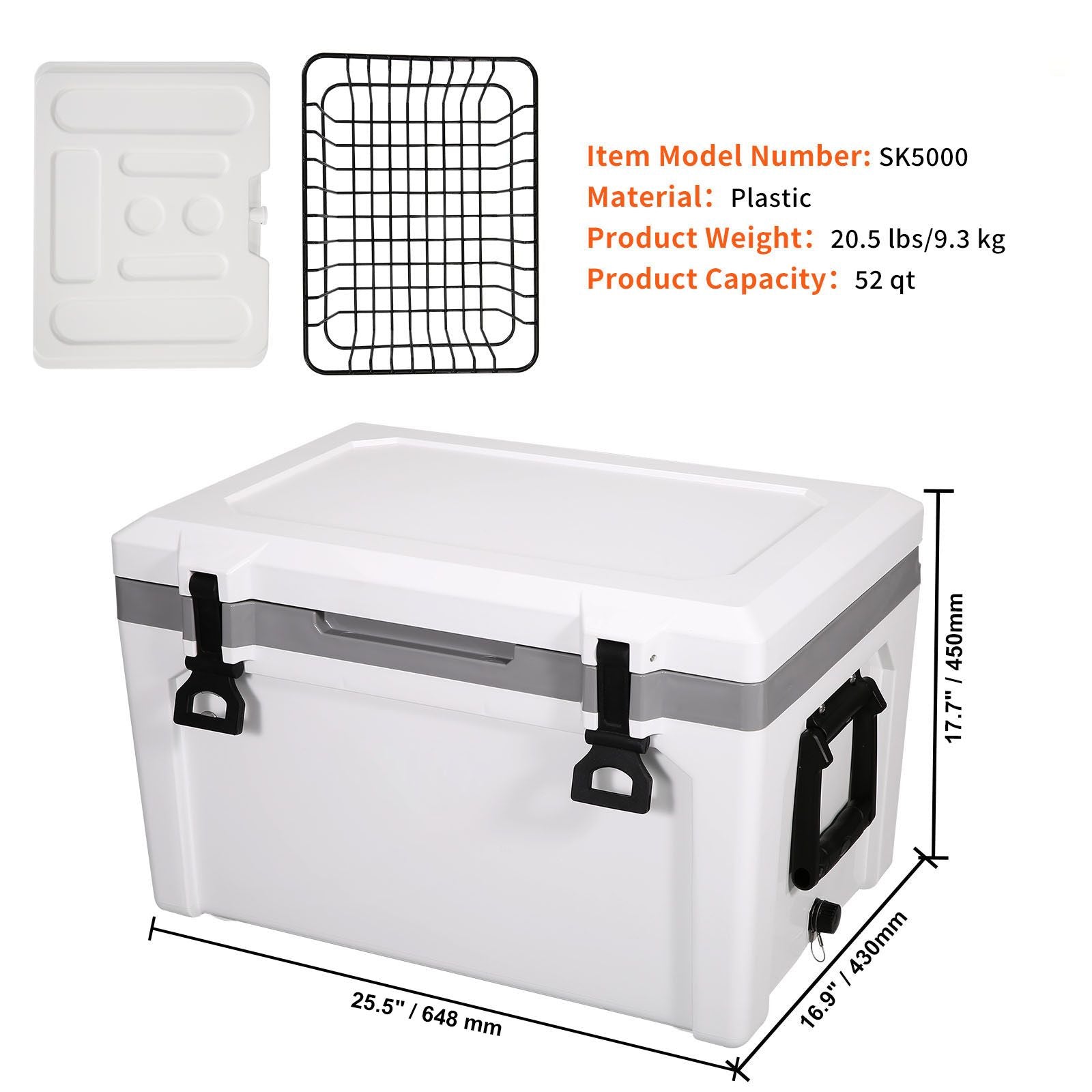 Insulated Portable Cooler, 49 L, Holds 50 Cans, Ice Retention Hard Cooler with Heavy Duty Handle, Ice Chest Lunch Box for Camping, Beach, Picnic, Travel, Outdoor, Keeps Ice for up to 6 Days