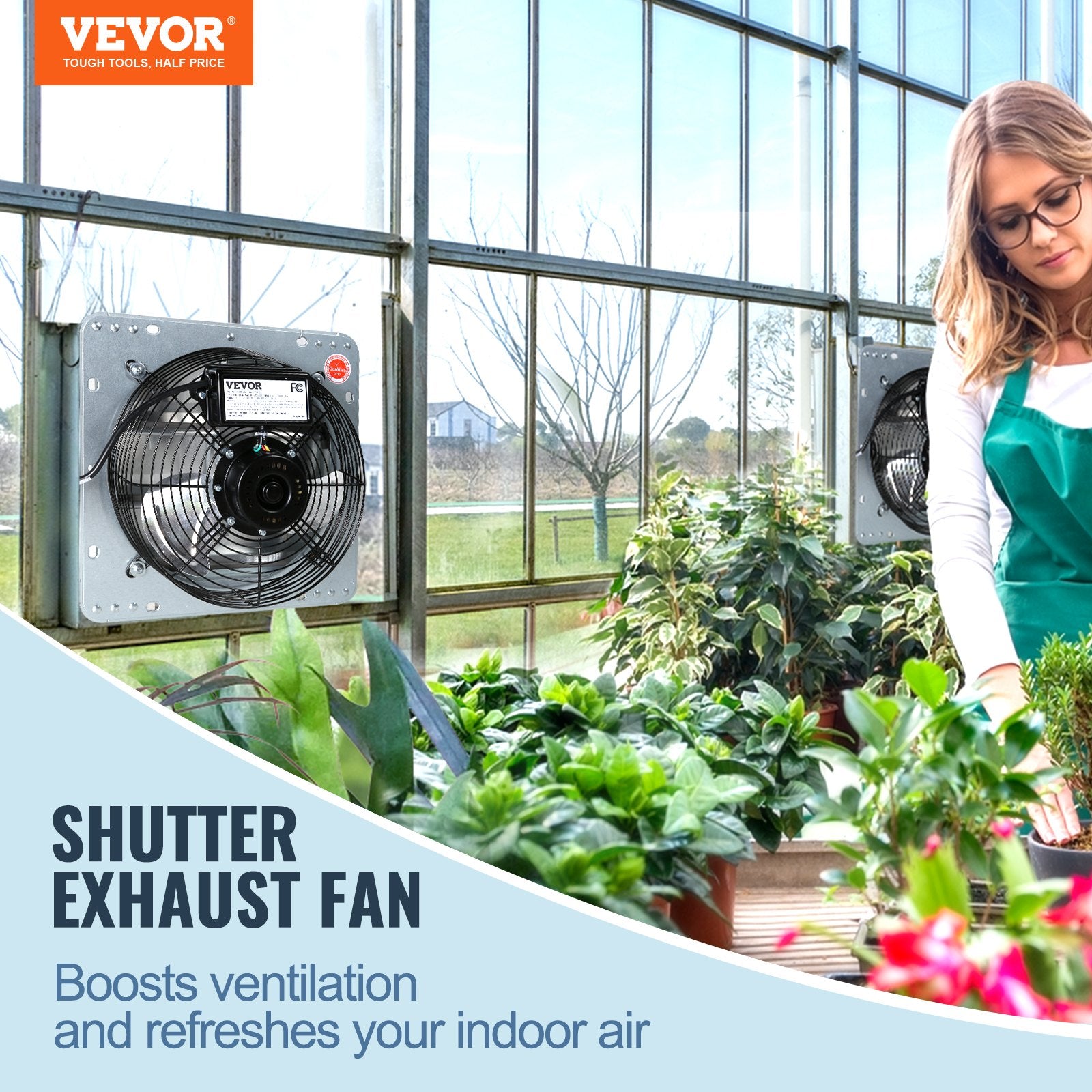 Shutter Exhaust Fan, 406 mm High-speed 1400RPM 1506 CFM, Aluminum Wall Mount Attic Fan with AC-motor, Ventilation and Cooling for Greenhouses, Garages, Sheds, Shops