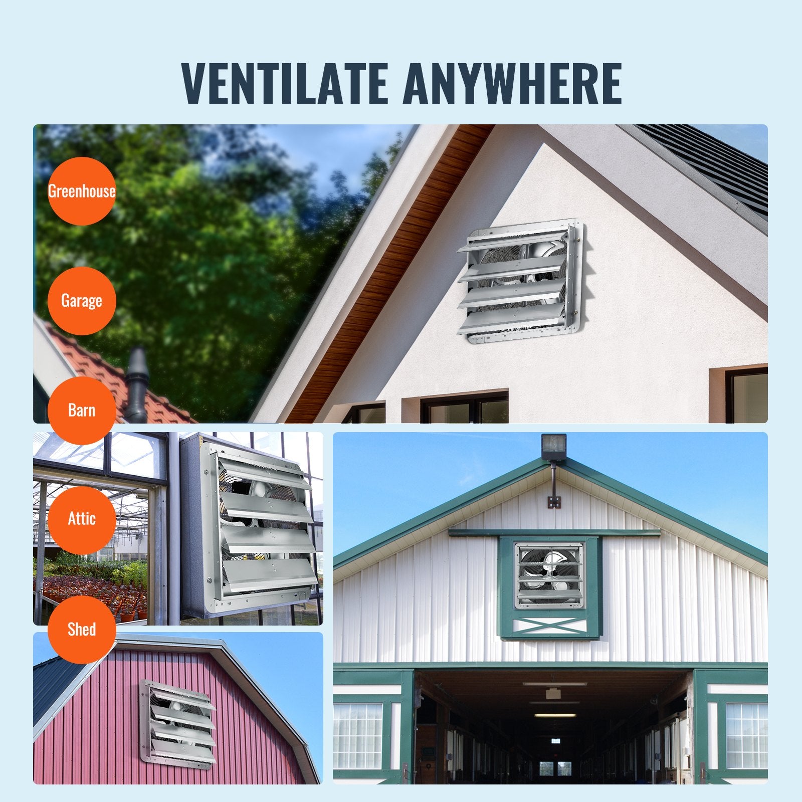 Shutter Exhaust Fan, 406 mm High-speed 1400RPM 1506 CFM, Aluminum Wall Mount Attic Fan with AC-motor, Ventilation and Cooling for Greenhouses, Garages, Sheds, Shops