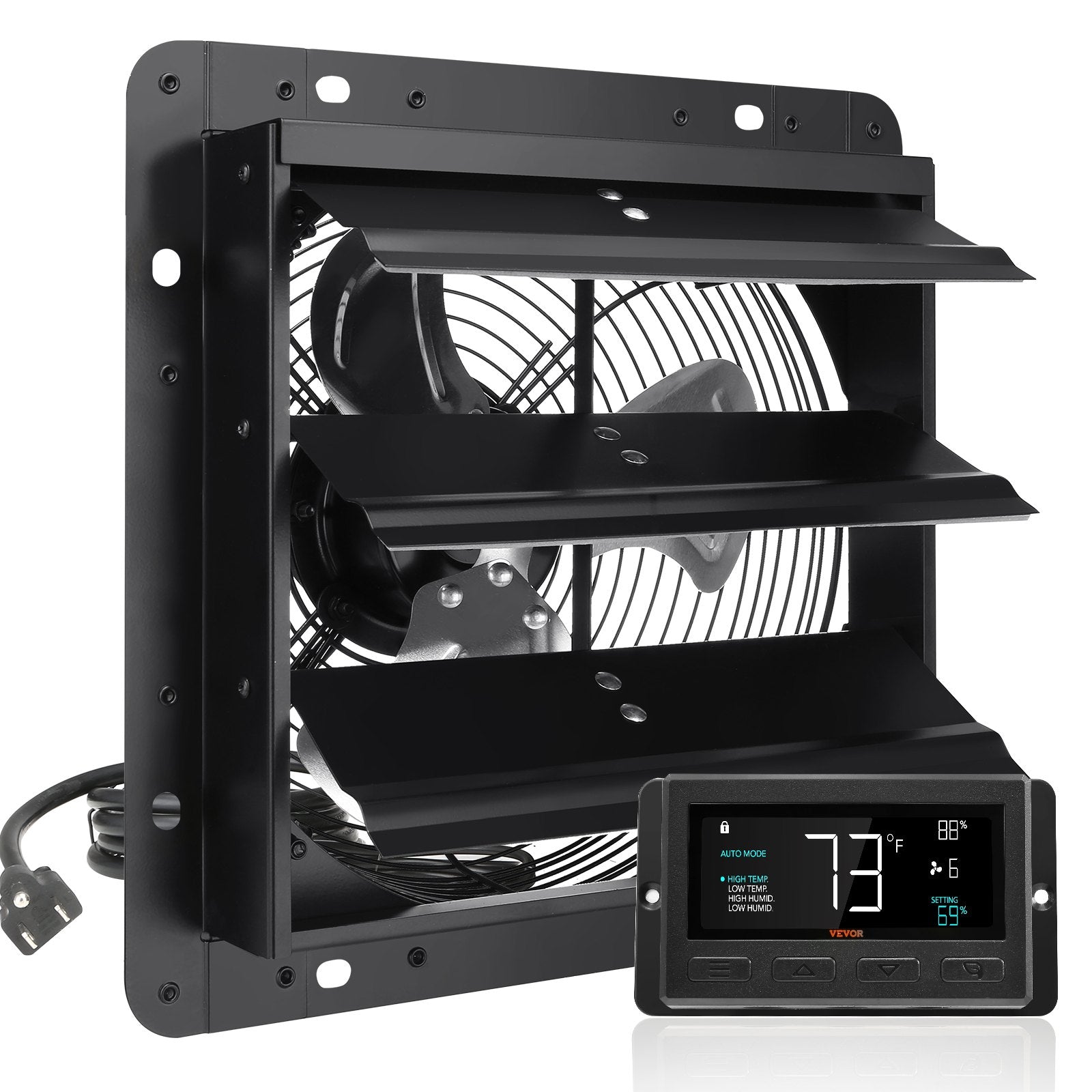 VEVOR Shutter Exhaust Fan, 254mm / 10inch  with Temperature Humidity Controller, EC-motor, 843 CFM, Variable Speed Adjustable Wall Mount Attic Fan, Ventilation and Cooling for Greenhouses, Garages, Sheds