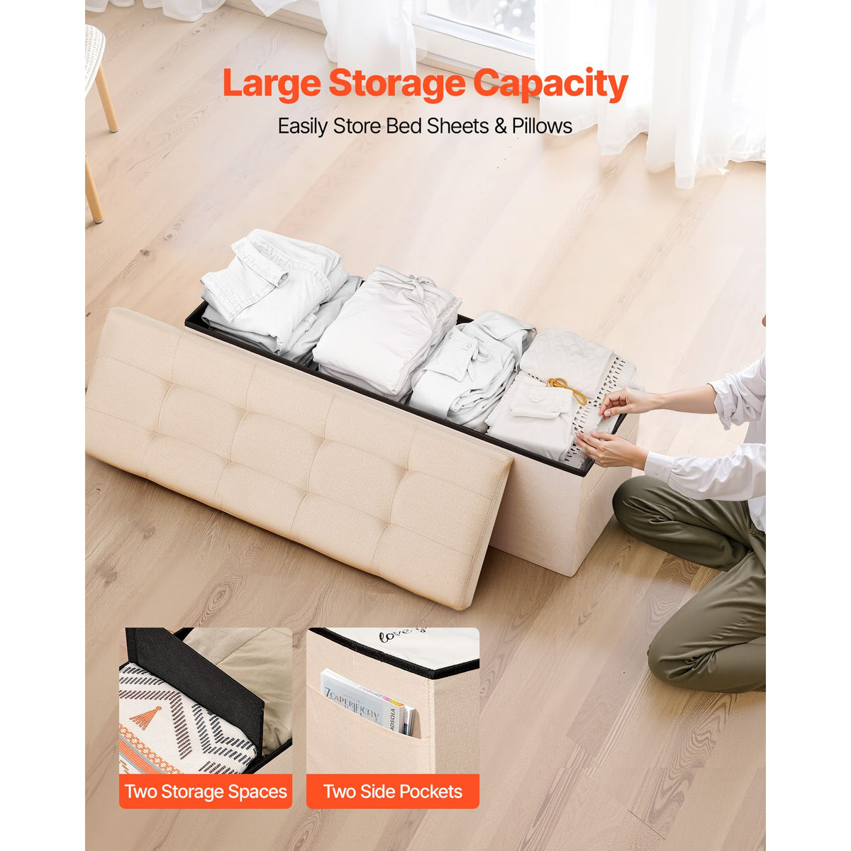 Foldable Storage Ottoman Bench Beige Linen End Bed Seat 660lbs Capacity