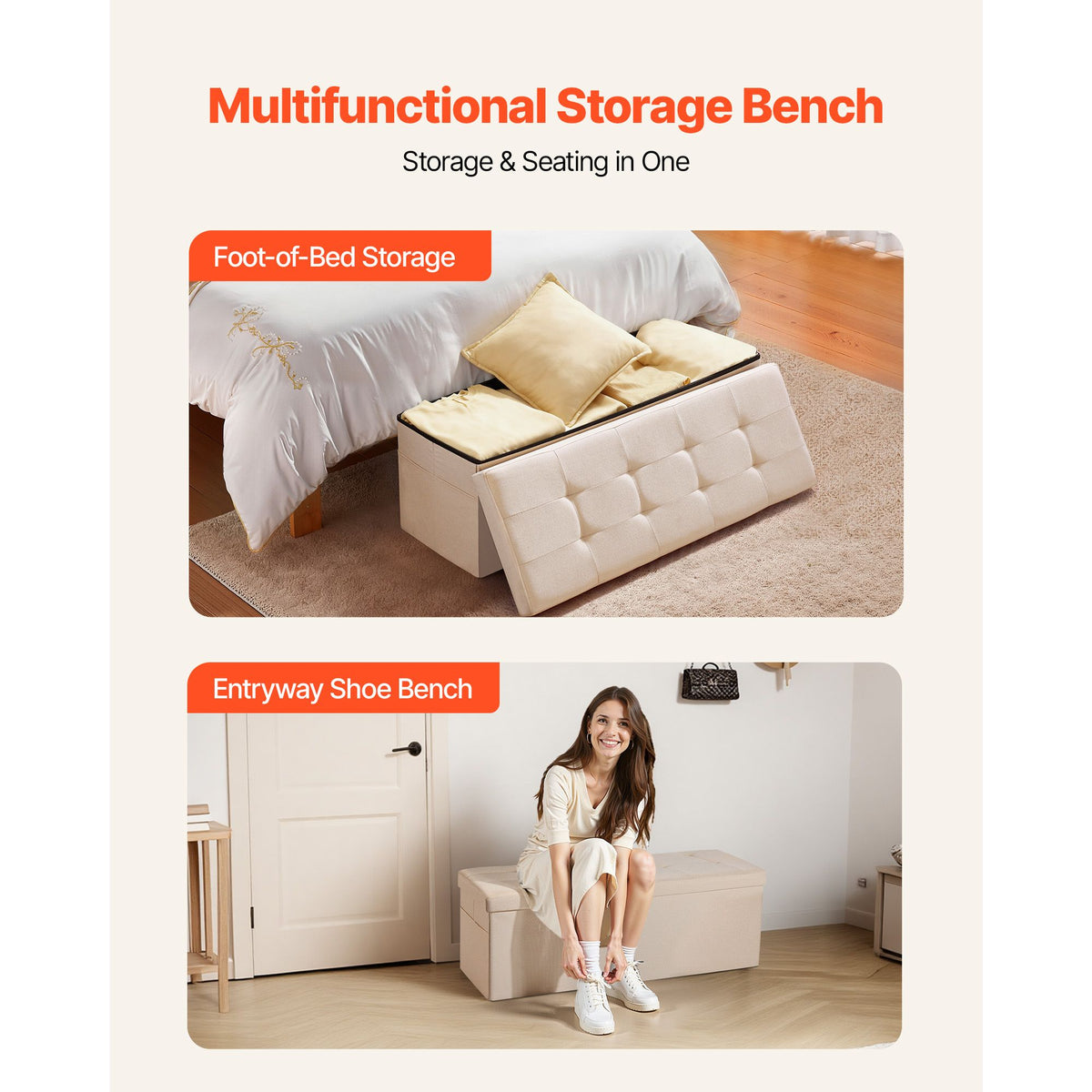 Foldable Storage Ottoman Bench Beige Linen End Bed Seat 660lbs Capacity