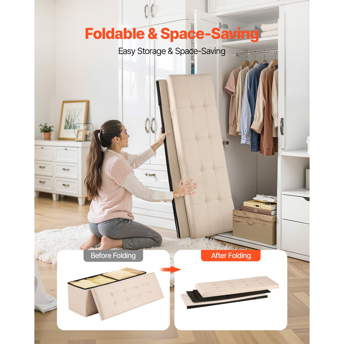 Foldable Storage Ottoman Bench Beige Linen End Bed Seat 660lbs Capacity