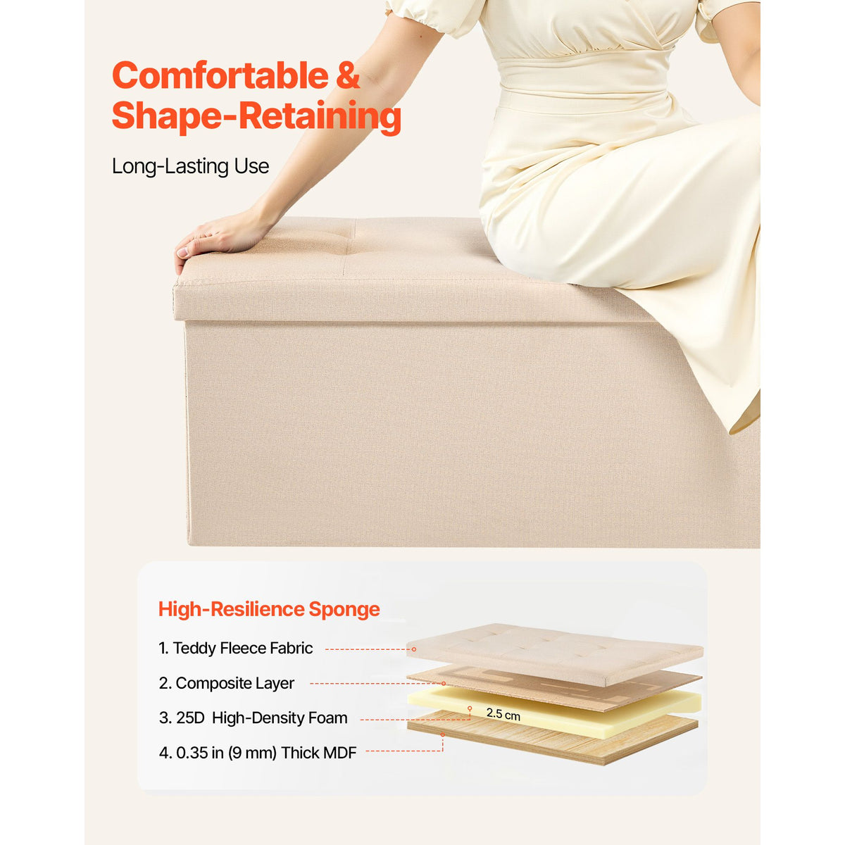 Foldable Storage Ottoman Bench Beige Linen End Bed Seat 660lbs Capacity