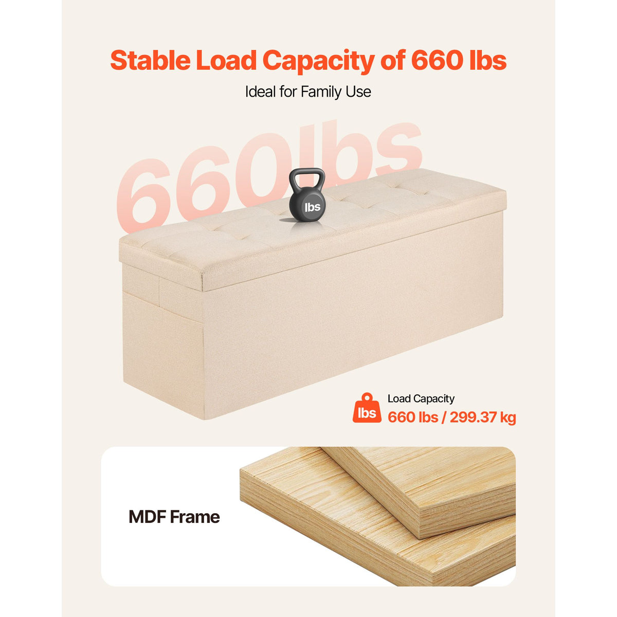 Foldable Storage Ottoman Bench Beige Linen End Bed Seat 660lbs Capacity