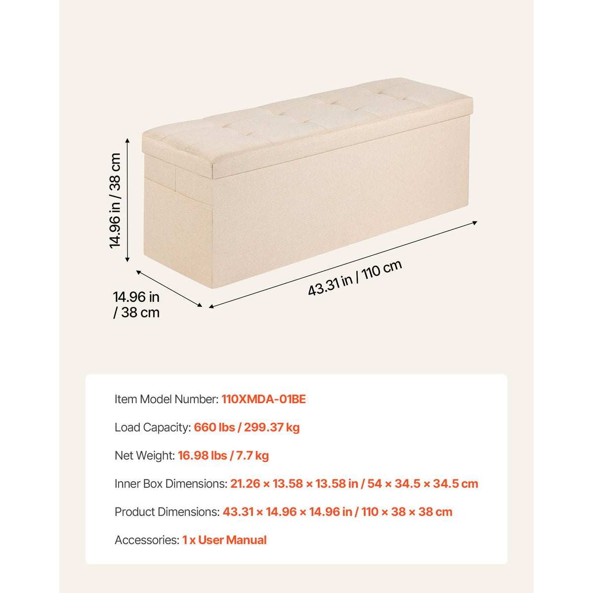 Foldable Storage Ottoman Bench Beige Linen End Bed Seat 660lbs Capacity