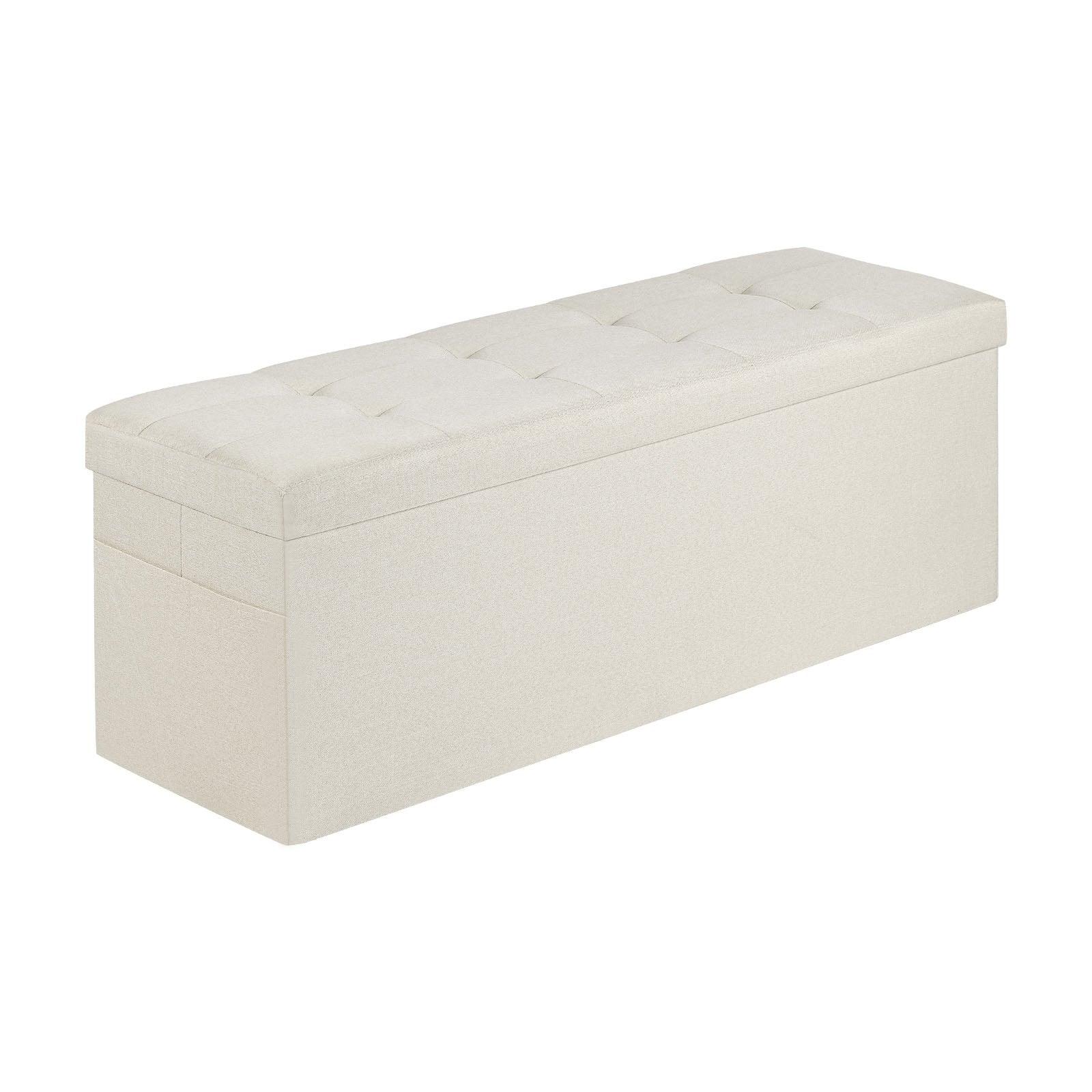 Foldable Storage Ottoman Bench, End of Bed Bench with Side Bags, Folding Upholstered Storage Chest Supports 660 lbs, Linen Bed Ottoman with Large Space for Living Room, Bedroom, Entryway, Beige