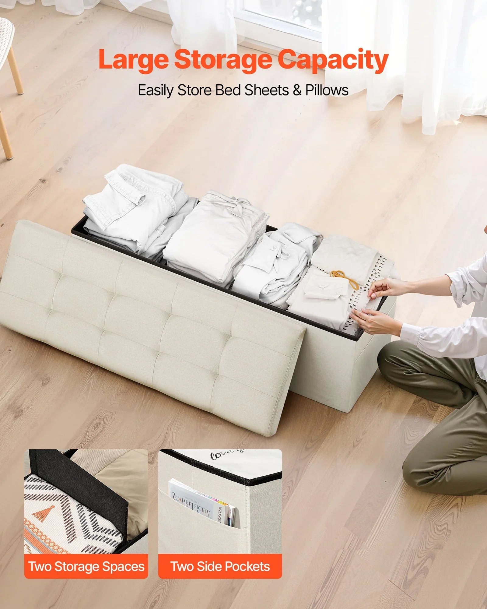 Foldable Storage Ottoman Bench, End of Bed Bench with Side Bags, Folding Upholstered Storage Chest Supports 660 lbs, Linen Bed Ottoman with Large Space for Living Room, Bedroom, Entryway, Beige