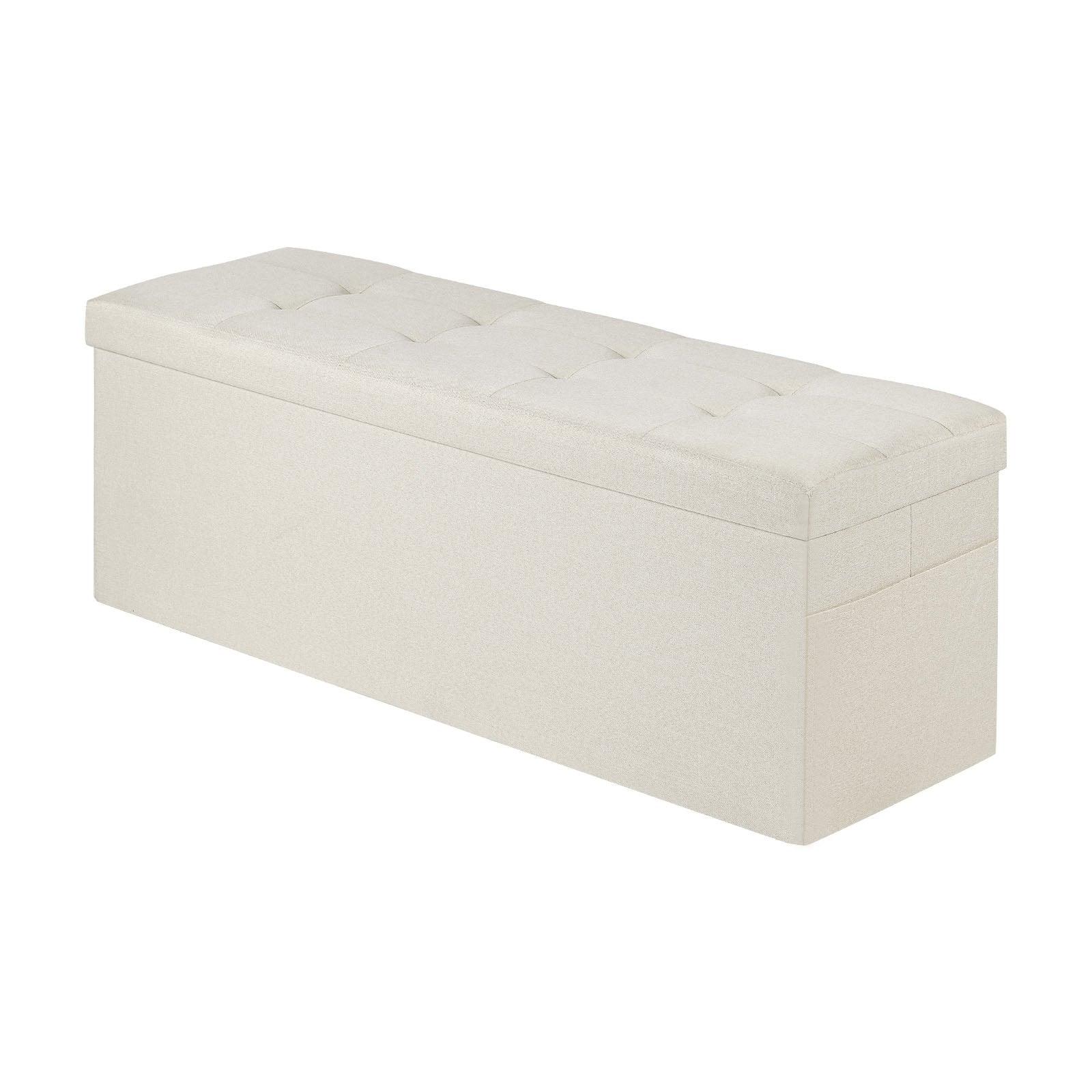 Foldable Storage Ottoman Bench, End of Bed Bench with Side Bags, Folding Upholstered Storage Chest Supports 660 lbs, Linen Bed Ottoman with Large Space for Living Room, Bedroom, Entryway, Beige